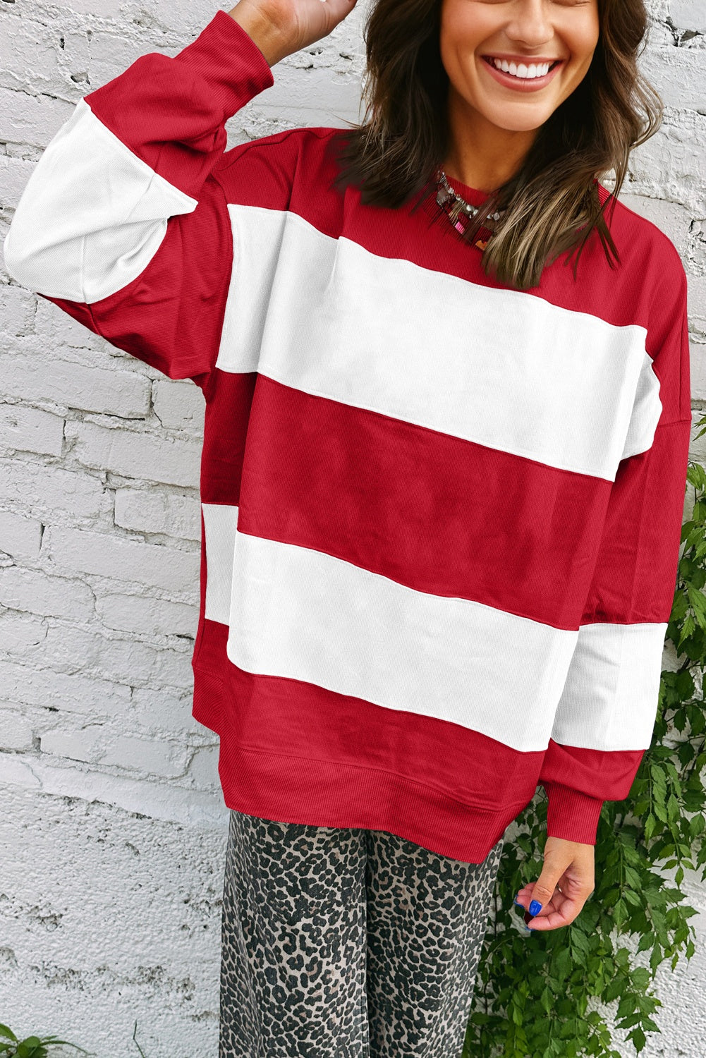 Fiery Red Colorblock Drop Shoulder Baggy Sweatshirt-Tops/Sweatshirts & Hoodies-[Adult]-[Female]-2022 Online Blue Zone Planet