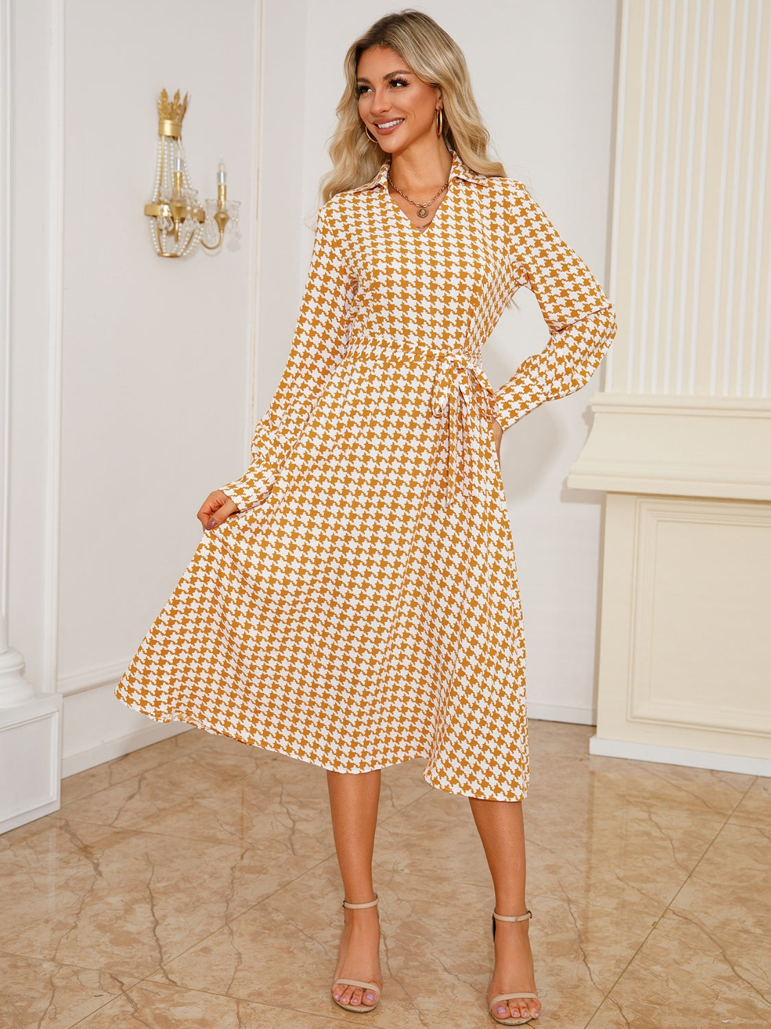 Tied Houndstooth Long Sleeve Midi Dress-TOPS / DRESSES-[Adult]-[Female]-2022 Online Blue Zone Planet