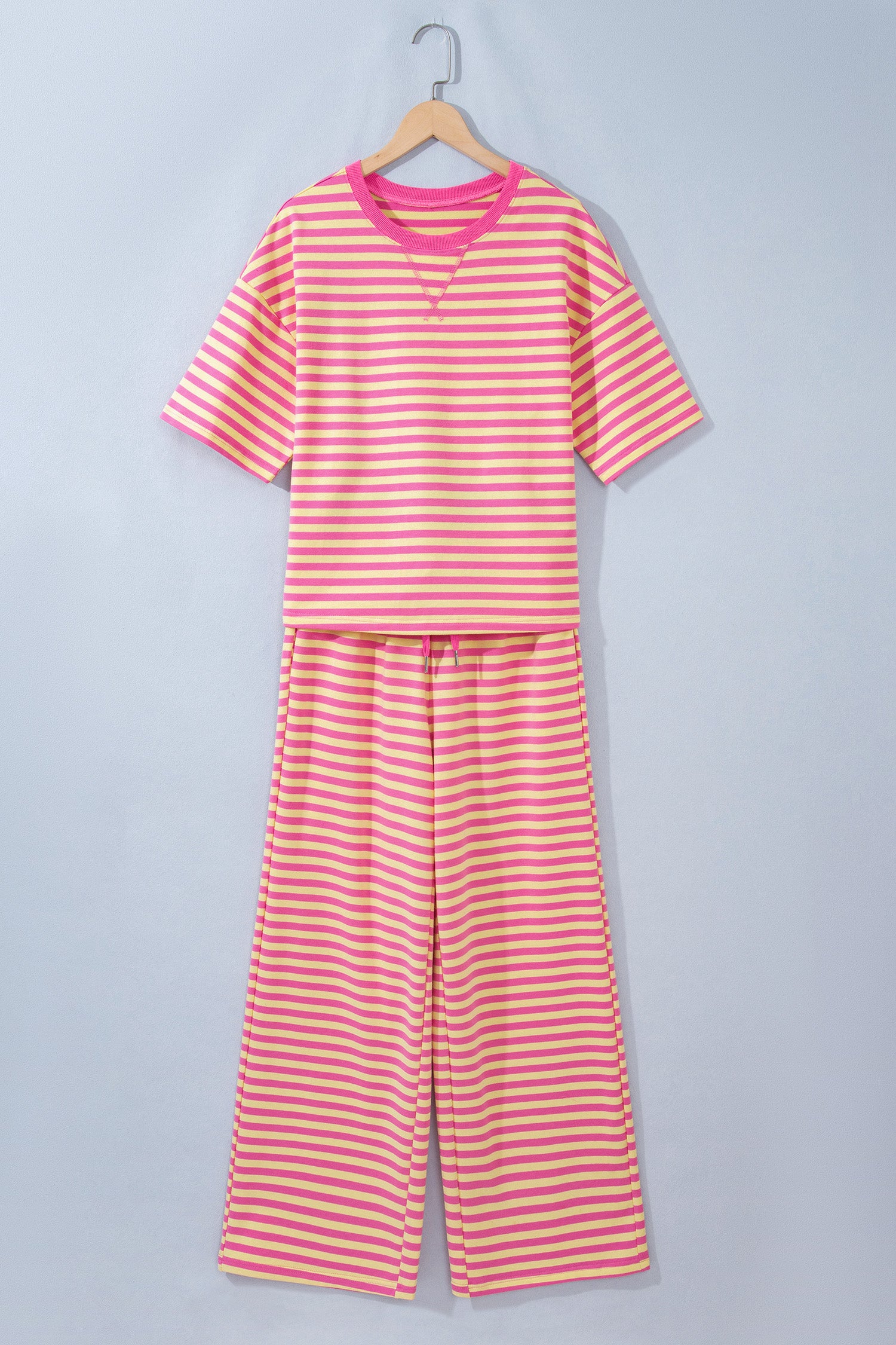 Pink Stripe Colorblock Trim Crew Neck Loose Tee Drawstring Elastic Waist 2pcs Pant Set-Two Piece Sets/Pant Sets-[Adult]-[Female]-2022 Online Blue Zone Planet