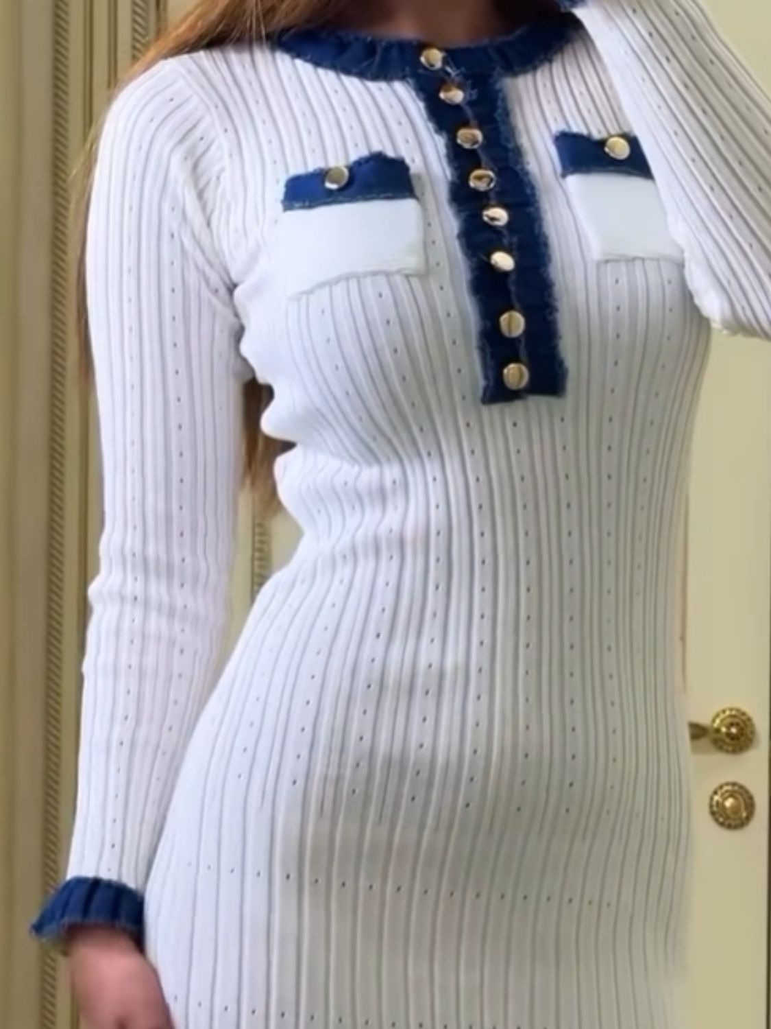 Blue Zone Planet | Contrast Trim Round Neck Long Sleeve Sweater Dress-TOPS / DRESSES-[Adult]-[Female]-White-One Size-2022 Online Blue Zone Planet