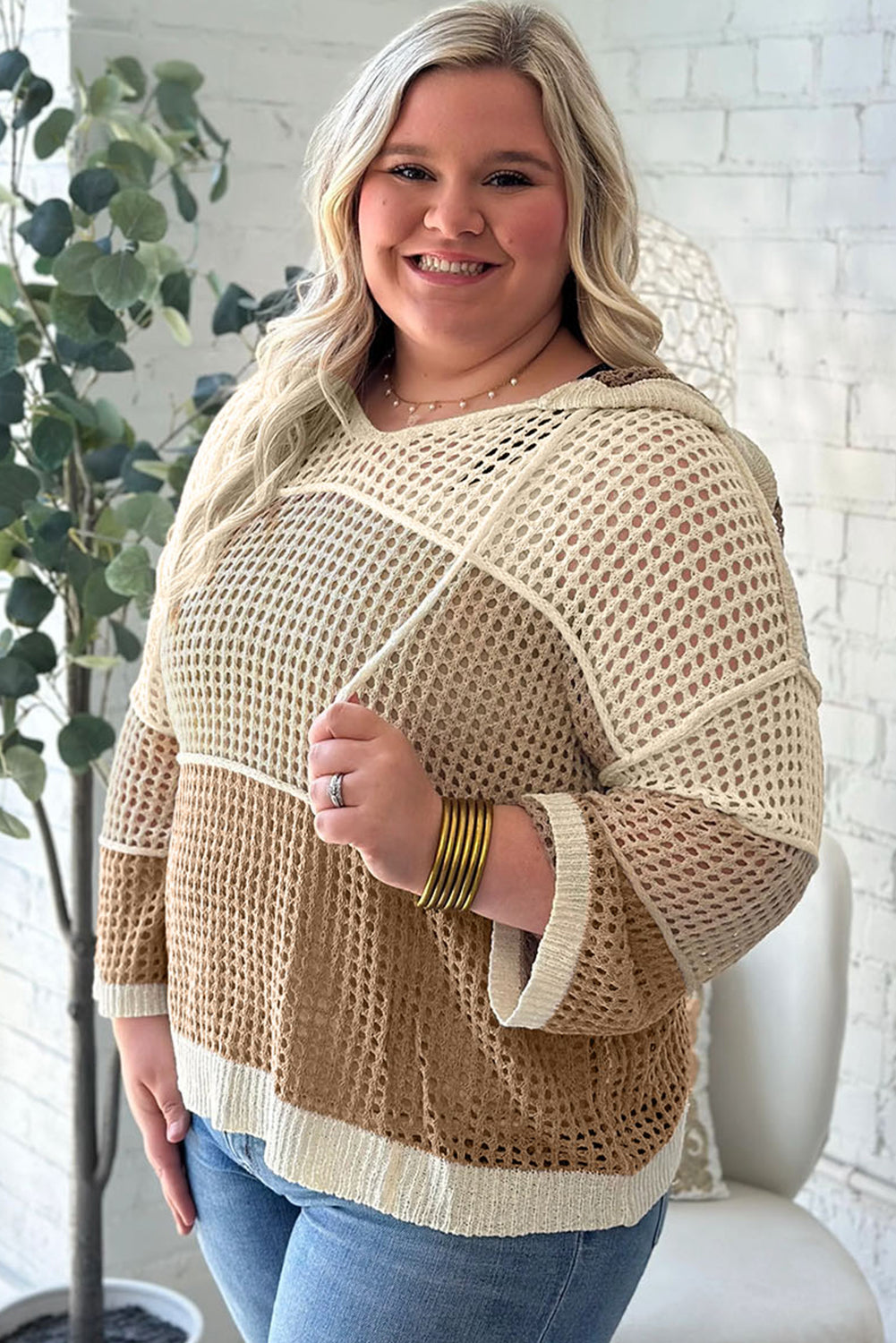 Parchment Colorblock Hollowed Knit Plus Size Hooded Jumper Sweater-TOPS / DRESSES-[Adult]-[Female]-2022 Online Blue Zone Planet