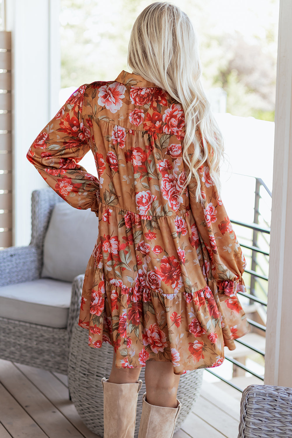 Brown Vintage Floral Print Shirt Style Half Button Long Sleeve Ruffle Mini Dress-Dresses/Floral Dresses-[Adult]-[Female]-2022 Online Blue Zone Planet