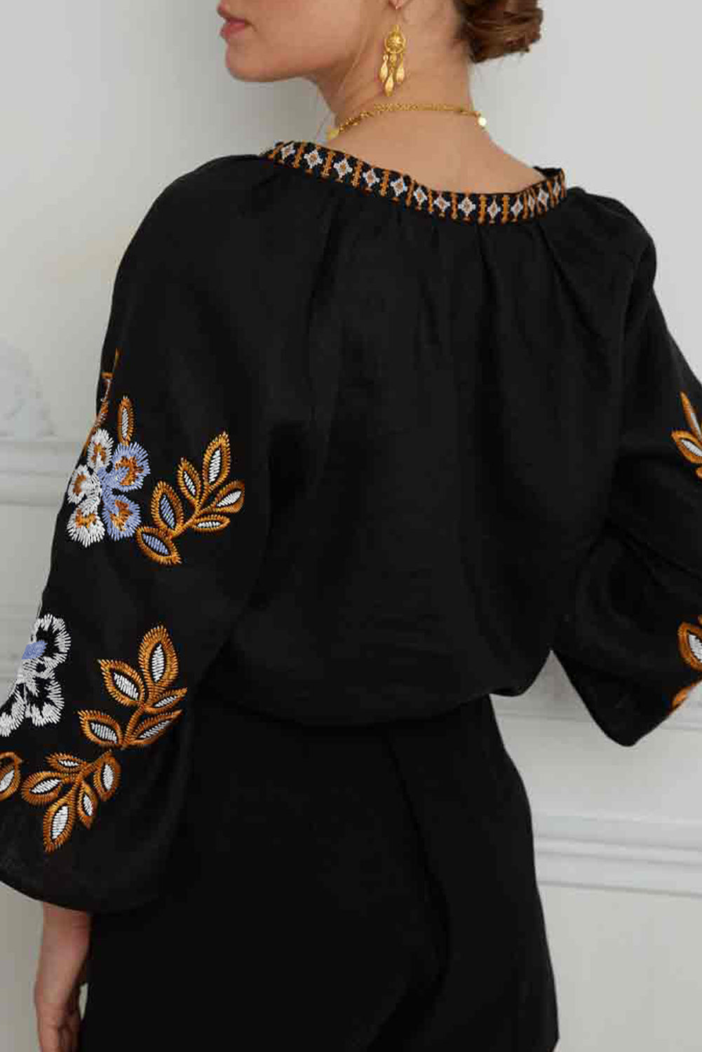 Blue Zone Planet | Black Bohemian Floral Embroidered V Neck Blouse-TOPS / DRESSES-[Adult]-[Female]-2022 Online Blue Zone Planet