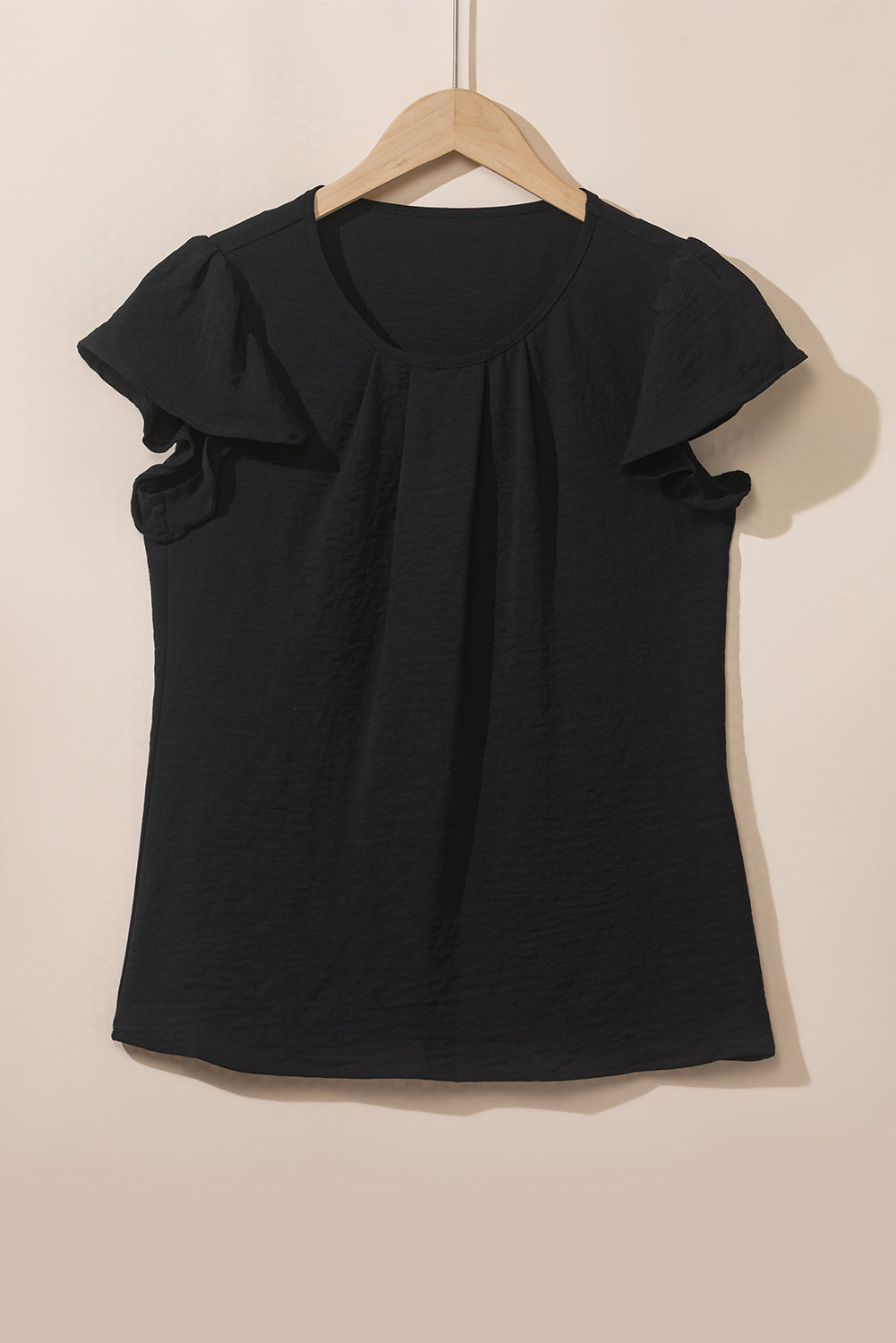Black Solid Color Textured Pleated Flutter Sleeve Blouse-Sale (50% OFF)/20% OFF-[Adult]-[Female]-2022 Online Blue Zone Planet