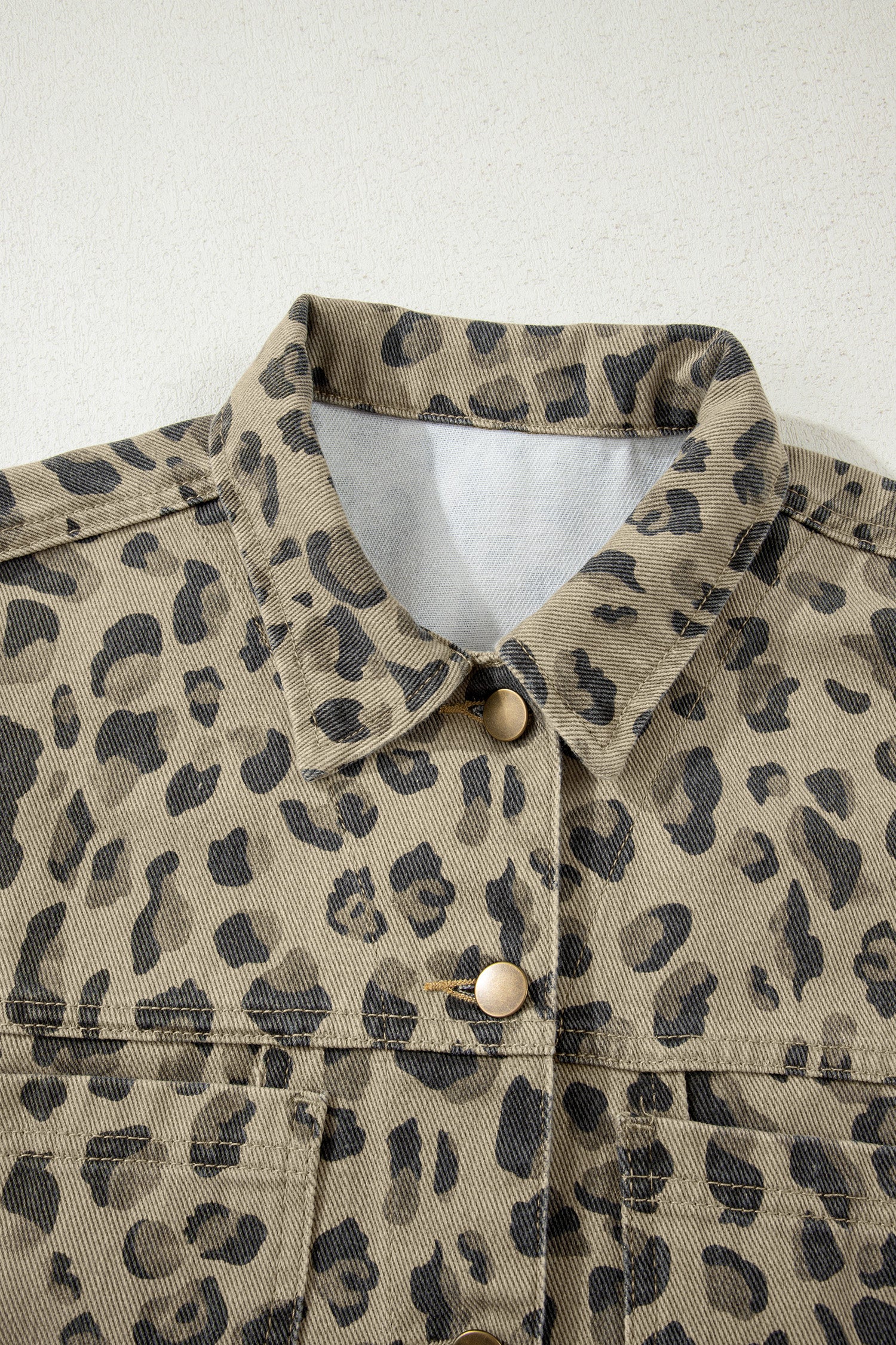 Khaki Retro Leopard Print Seam Detail Button Down Denim Jacket-Outerwear/Denim jackets-[Adult]-[Female]-2022 Online Blue Zone Planet
