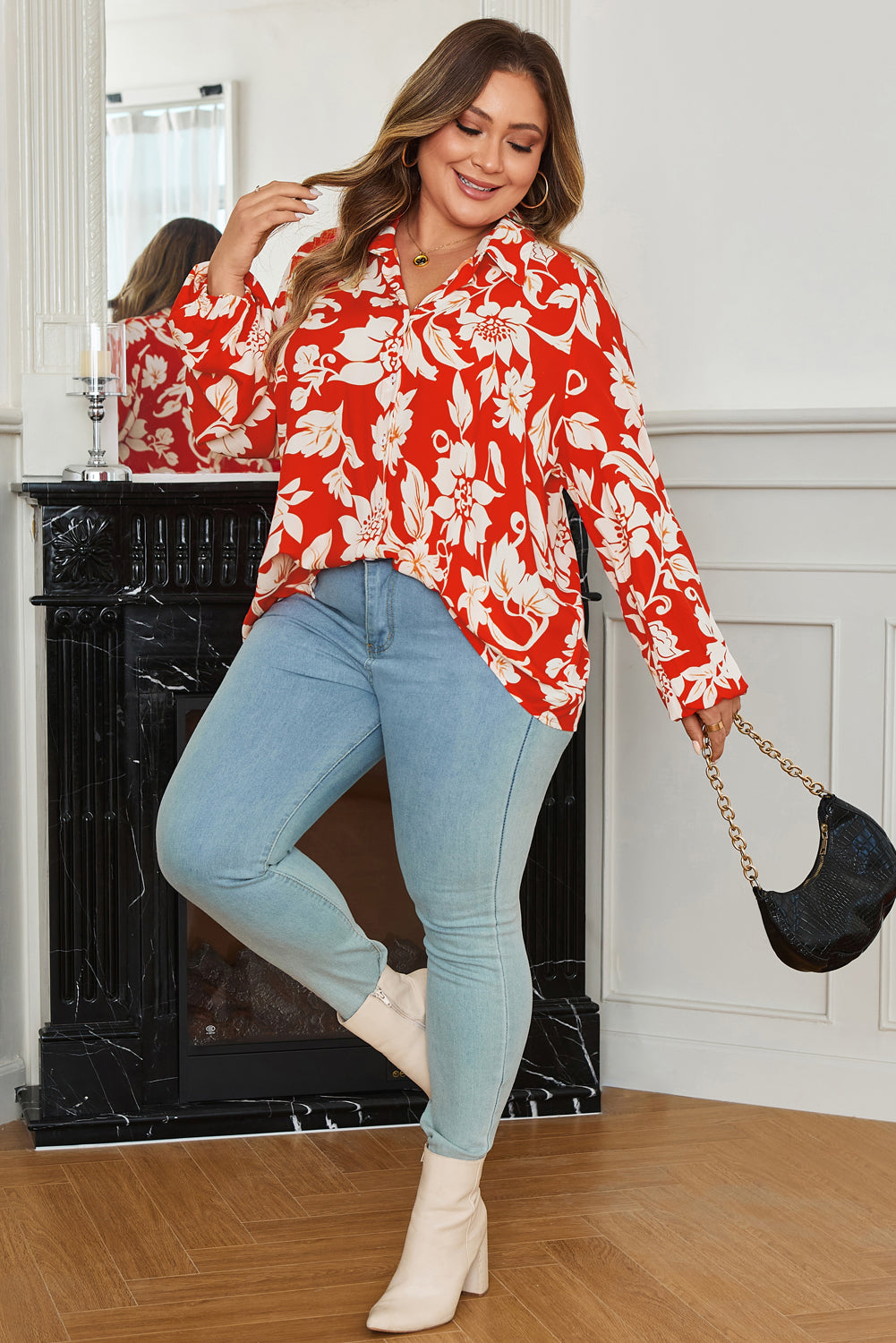 Red Plus Size Floral Print Loose Button Up Shirt-Plus Size/Plus Size Tops/Plus Size Blouses & Shirts-[Adult]-[Female]-2022 Online Blue Zone Planet