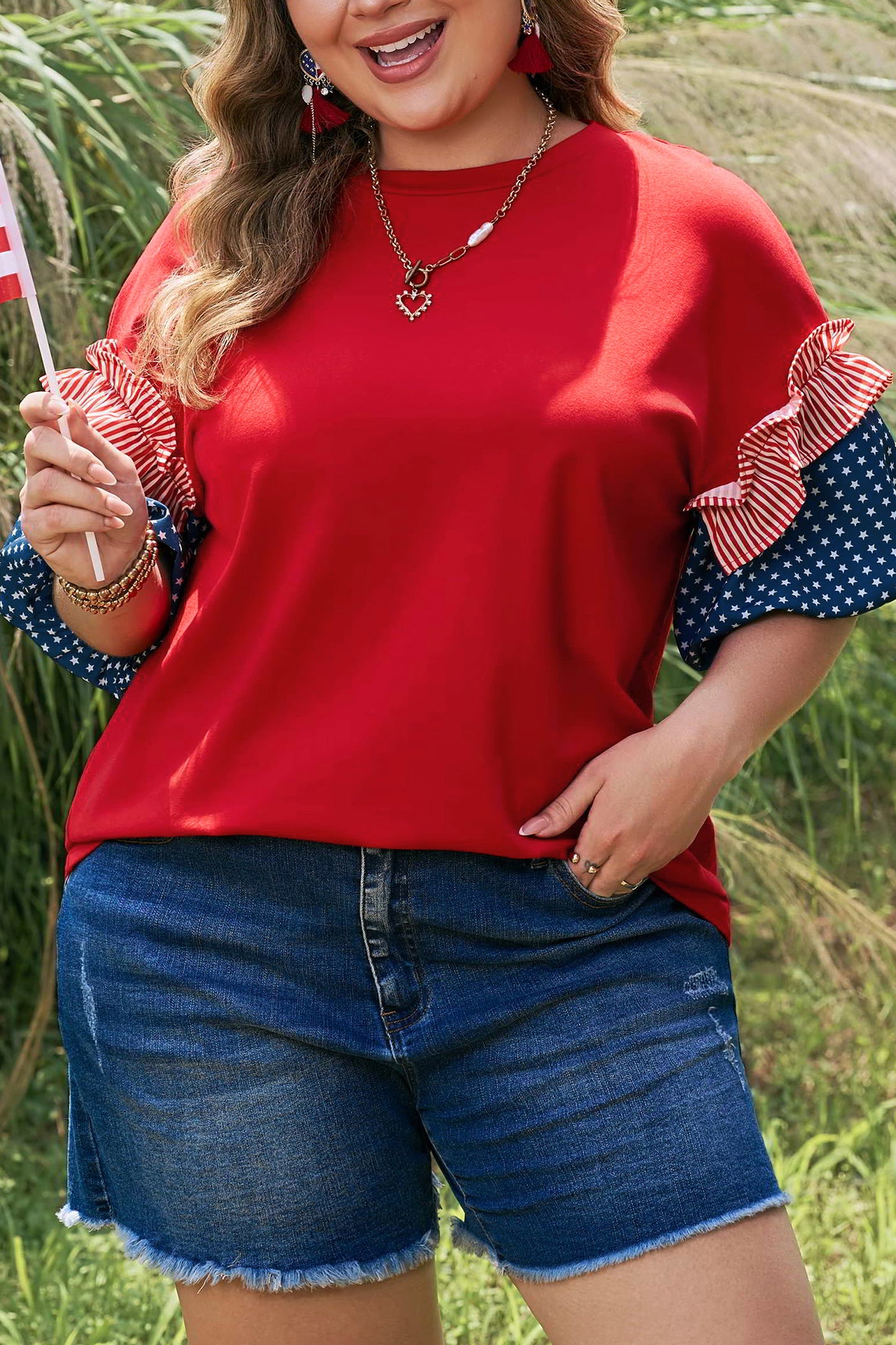 Fiery Red Plus Size Striped Ruffles Star Short Bubble Sleeve Patchwork Top-Plus Size/Plus Size Tops/Plus Size Tops & Tees-[Adult]-[Female]-2022 Online Blue Zone Planet