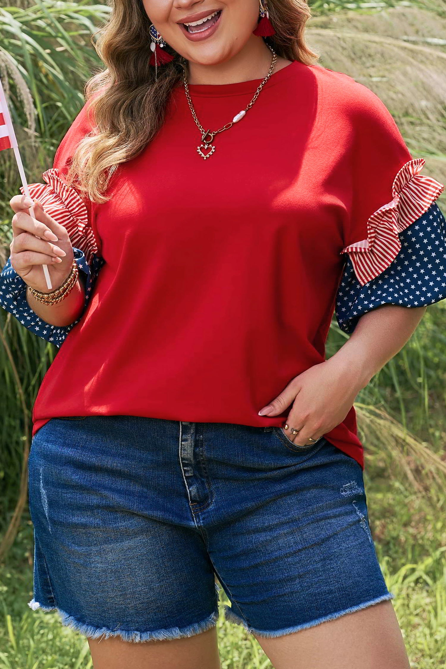 Fiery Red Plus Size Striped Ruffles Star Short Bubble Sleeve Patchwork Top-Plus Size/Plus Size Tops/Plus Size Tops & Tees-[Adult]-[Female]-2022 Online Blue Zone Planet
