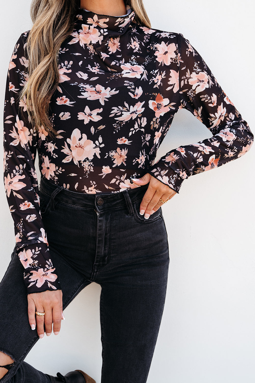 Blue Zone Planet | Black Floral Mesh Mock Neck Long Sleeve Slim Fit Top-Tops/Long Sleeve Tops-[Adult]-[Female]-2022 Online Blue Zone Planet