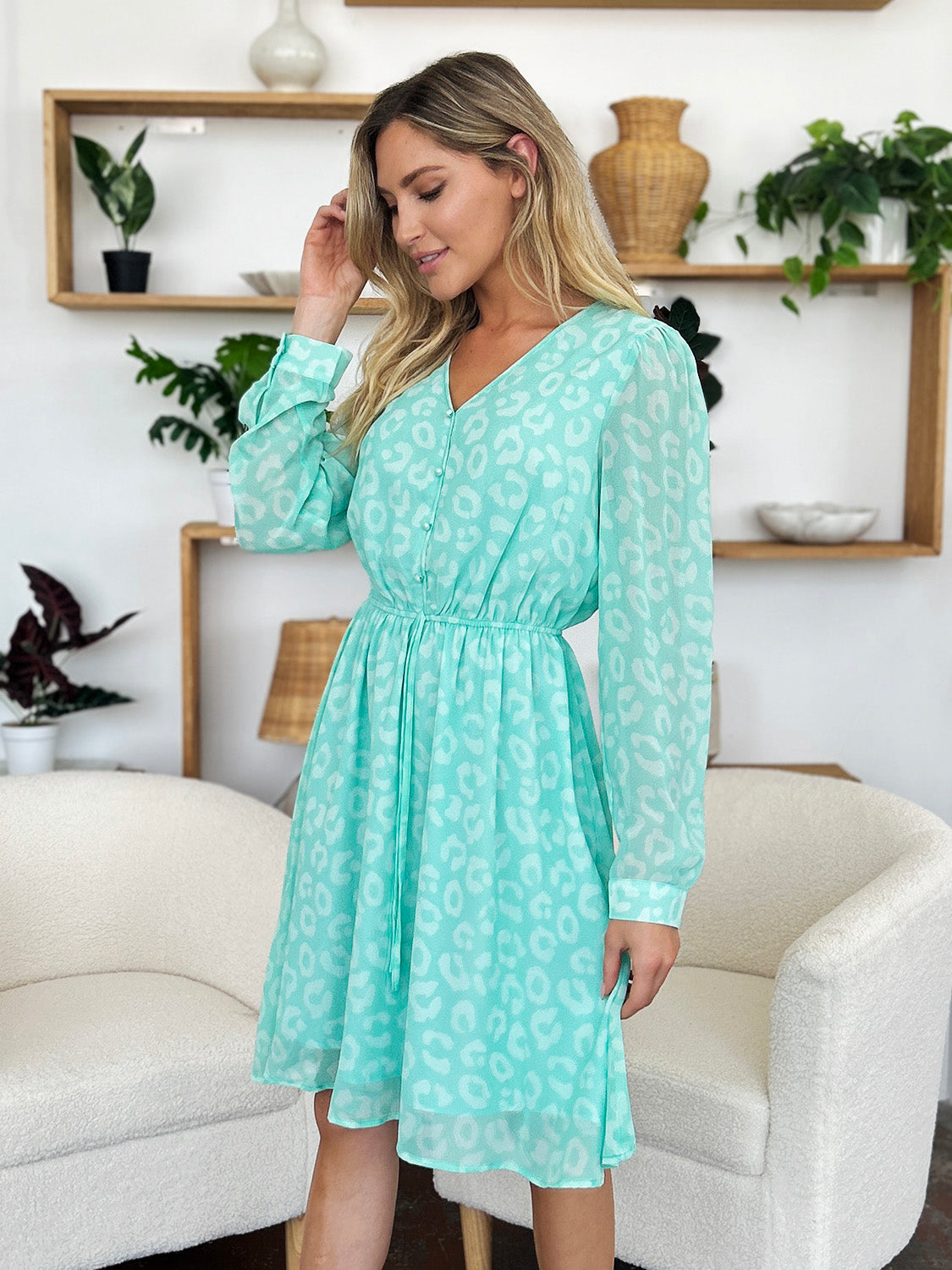 Double Take Full Size Printed Ruched V-Neck Long Sleeve Dress-TOPS / DRESSES-[Adult]-[Female]-2022 Online Blue Zone Planet