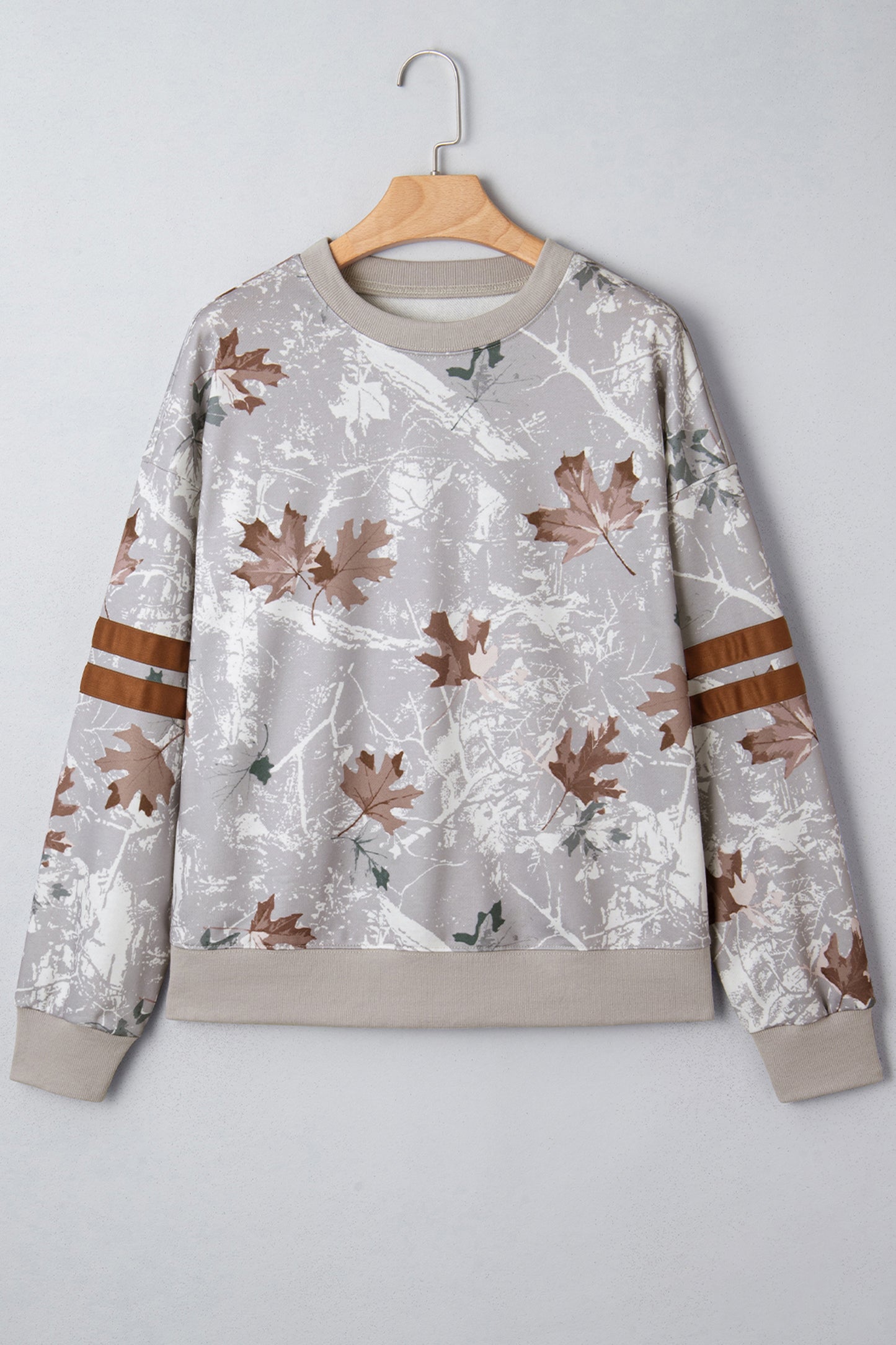 Gray Maple Leaf Camo Print Varsity Striped Sleeve Casual Sweatshirt-Tops/Sweatshirts & Hoodies-[Adult]-[Female]-2022 Online Blue Zone Planet