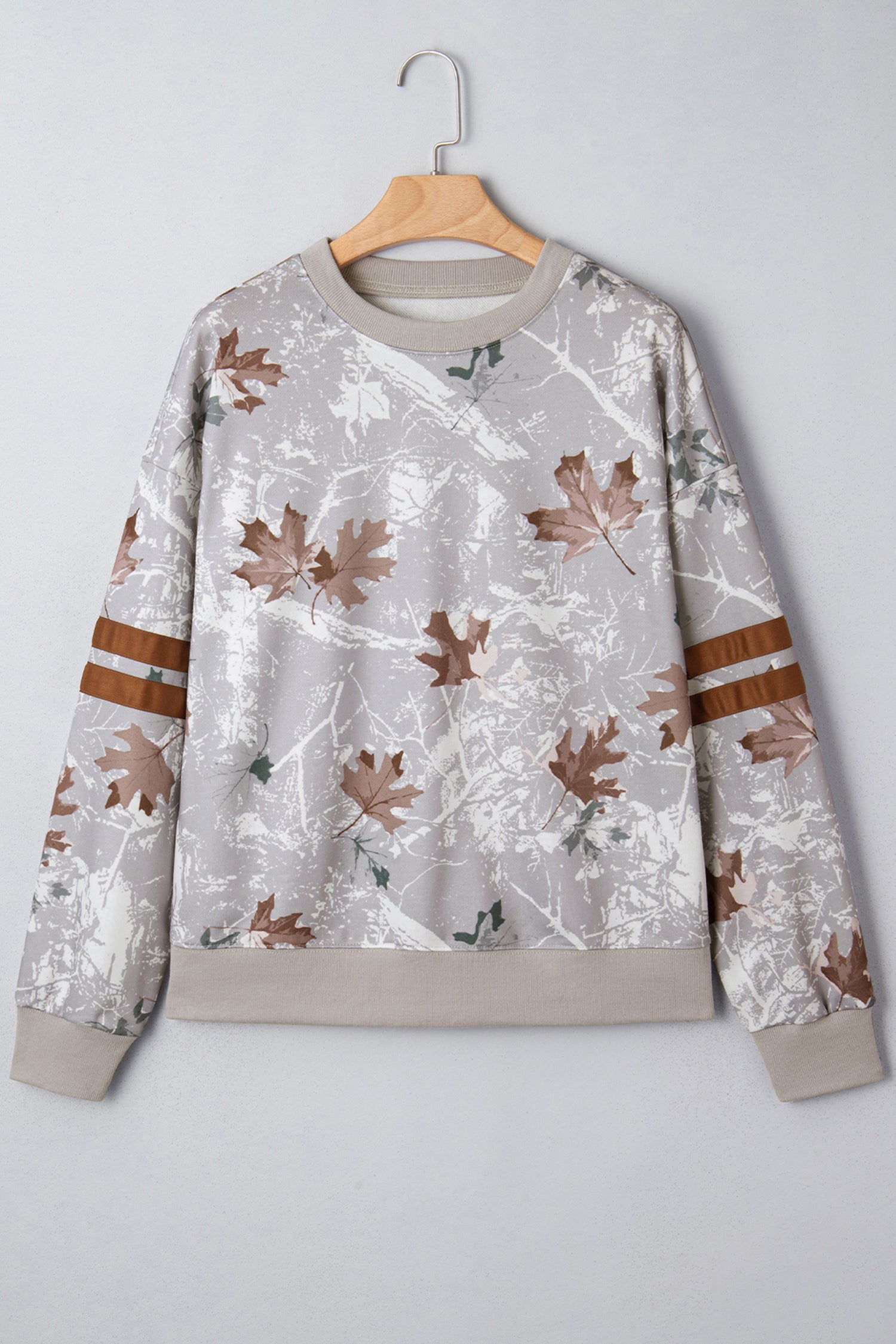 Gray Maple Leaf Camo Print Varsity Striped Sleeve Casual Sweatshirt-Tops/Sweatshirts & Hoodies-[Adult]-[Female]-2022 Online Blue Zone Planet