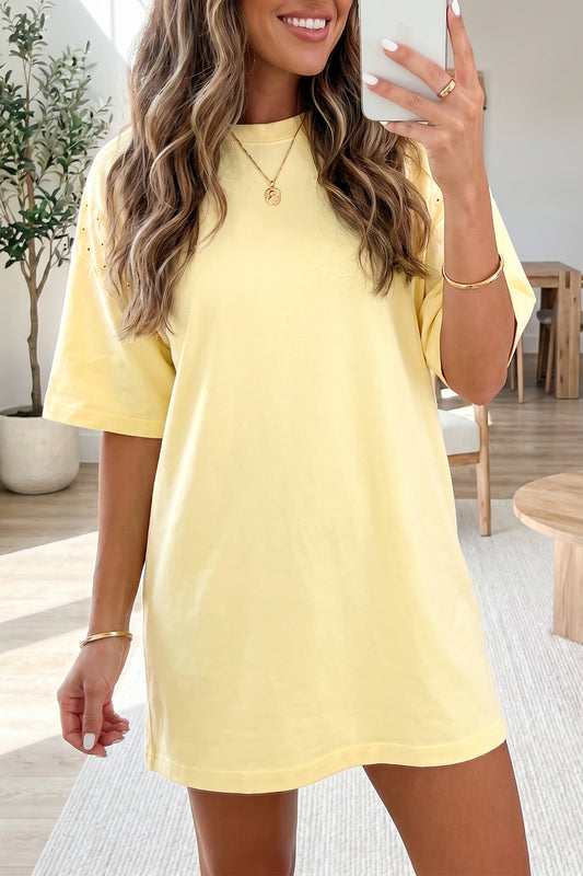 Yellow Cream Eyelet Embroidered Lace Splicing Sleeve Loose T Shirt Dress-TOPS / DRESSES-[Adult]-[Female]-2022 Online Blue Zone Planet