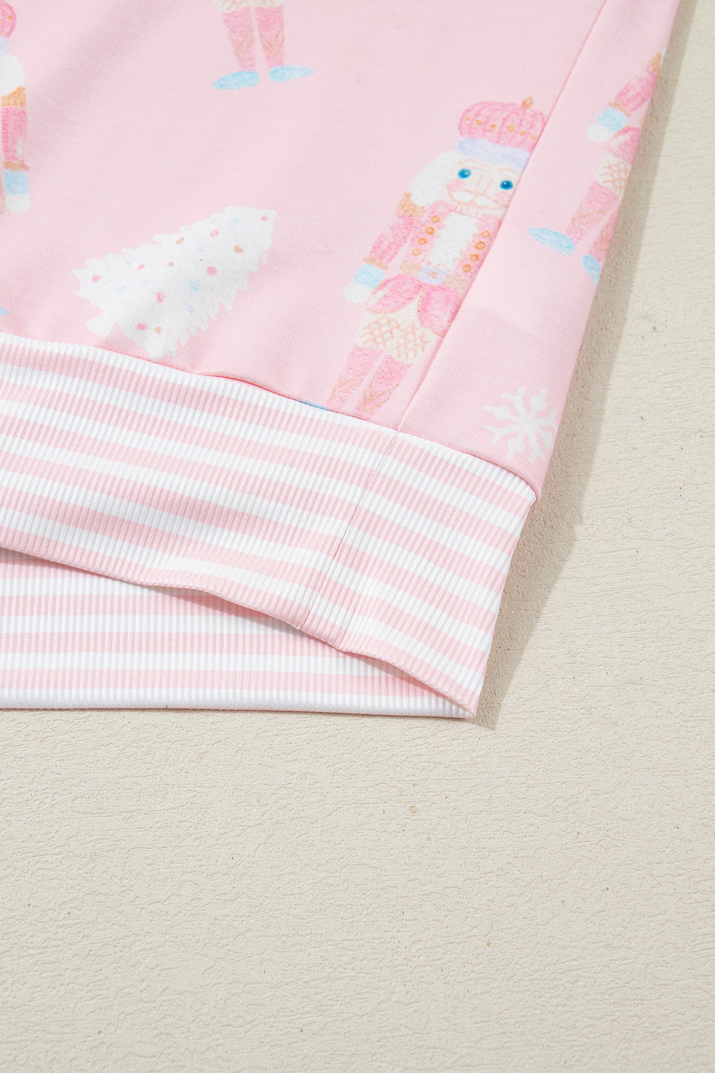 Pink Christmas Tree Nutcracker Doll Print Contrast Trim Long Sleeve Top Matching Shorts Set-Two Piece Sets/Short Sets-[Adult]-[Female]-2022 Online Blue Zone Planet