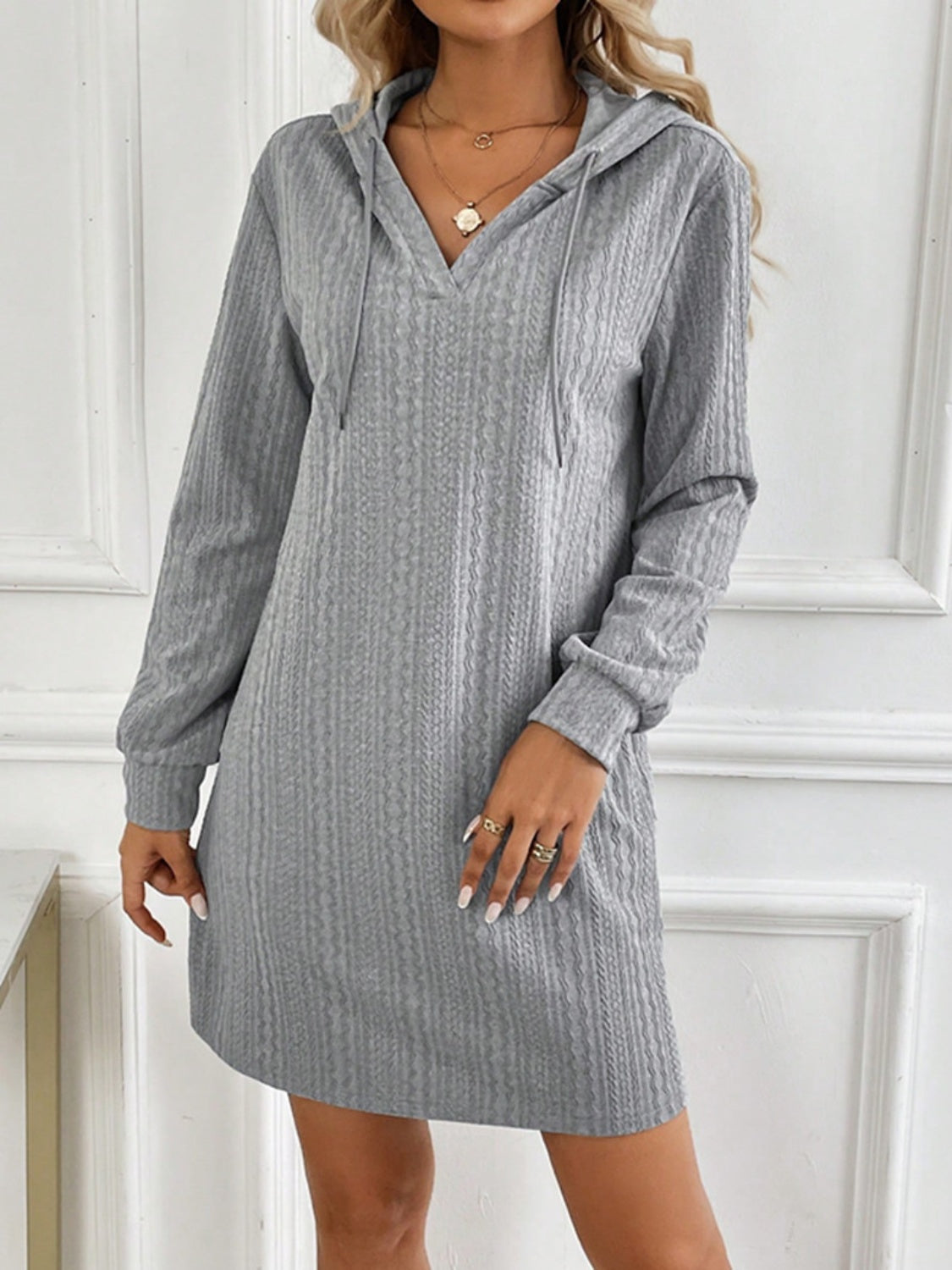 Drawstring Long Sleeve Hooded Mini Dress Gray / S