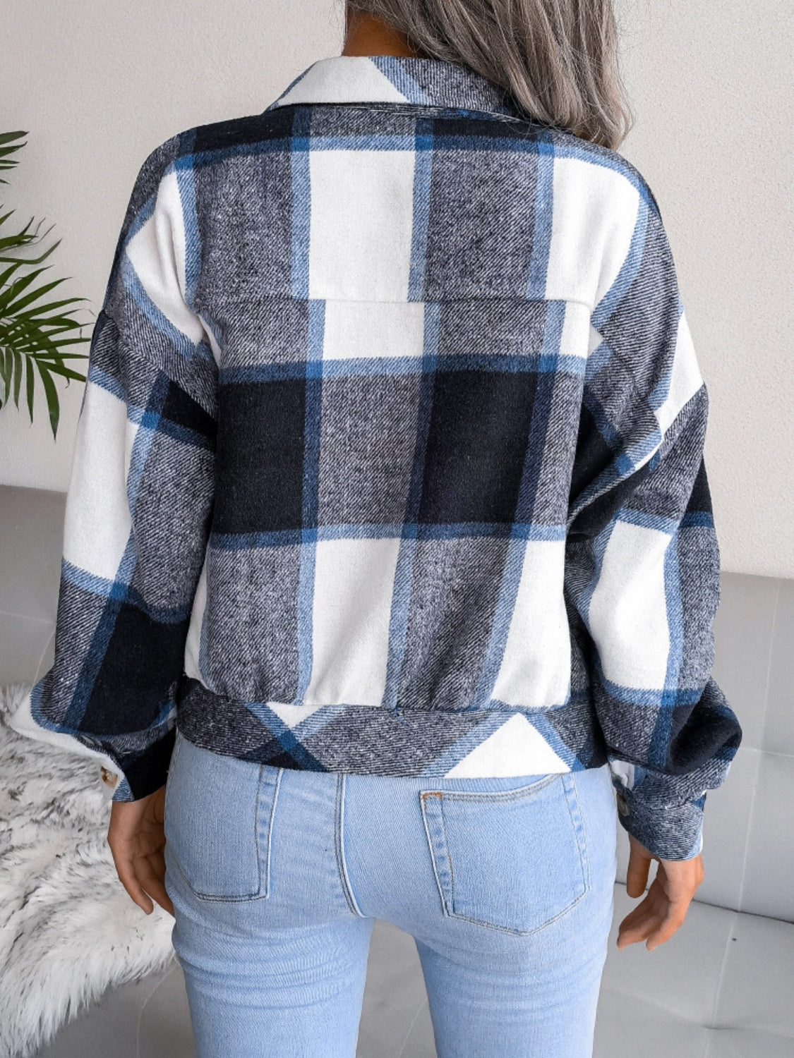 Plaid Collared Neck Long Sleeve Jacket-TOPS / DRESSES-[Adult]-[Female]-2022 Online Blue Zone Planet