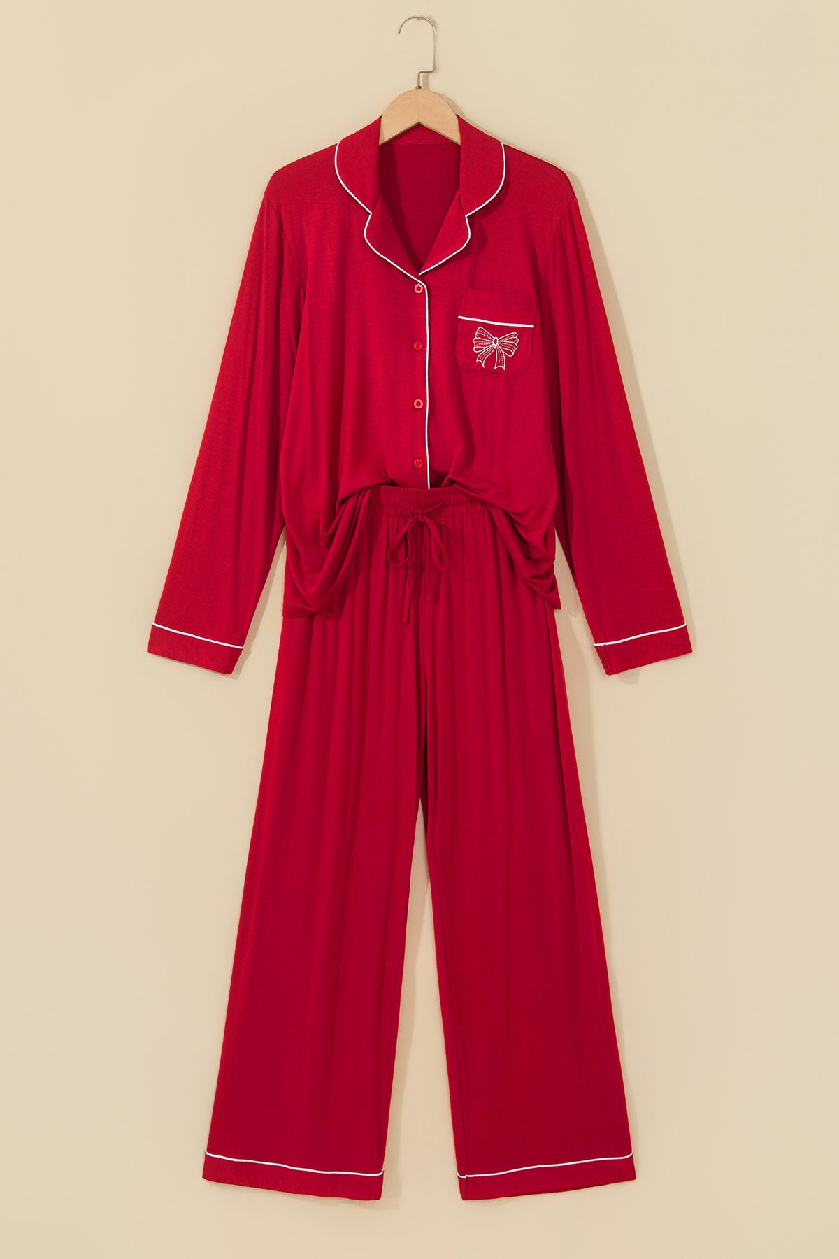 Racing Red Bow Pocket Detail Long Sleeve Shirt 2pcs Pajama Set-Loungewear & Sleepwear/Loungewear-[Adult]-[Female]-2022 Online Blue Zone Planet