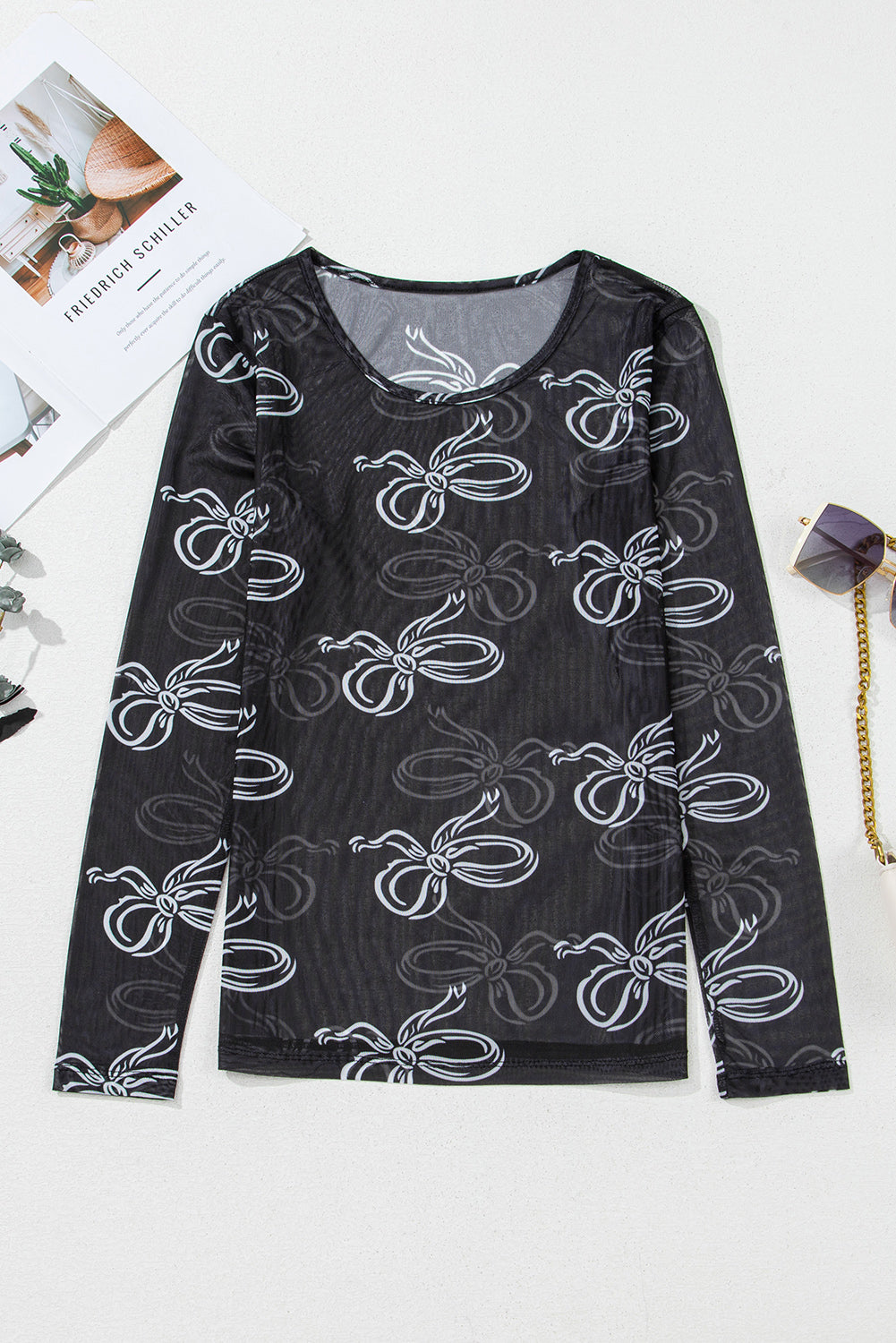 Black Round Neck Bow Print Long Sleeve Mesh Top-Tops/Long Sleeve Tops-[Adult]-[Female]-2022 Online Blue Zone Planet