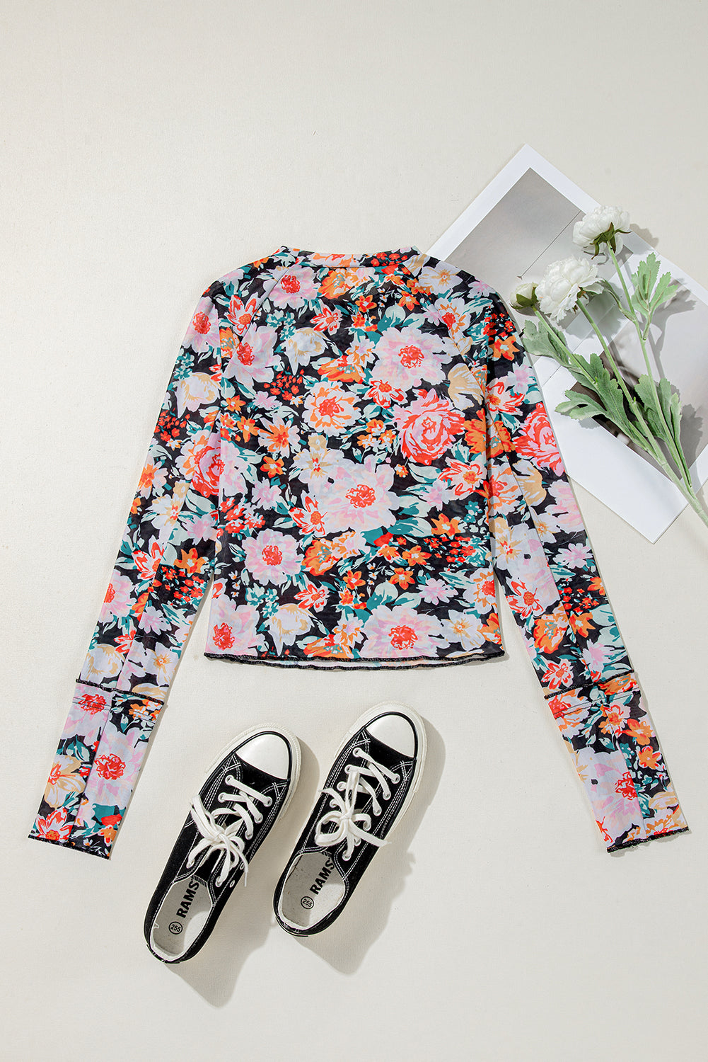 Orange Allover Floral Print Long Sleeve Round Neck Slim Mesh Top-Long Sleeve Tops-[Adult]-[Female]-2022 Online Blue Zone Planet