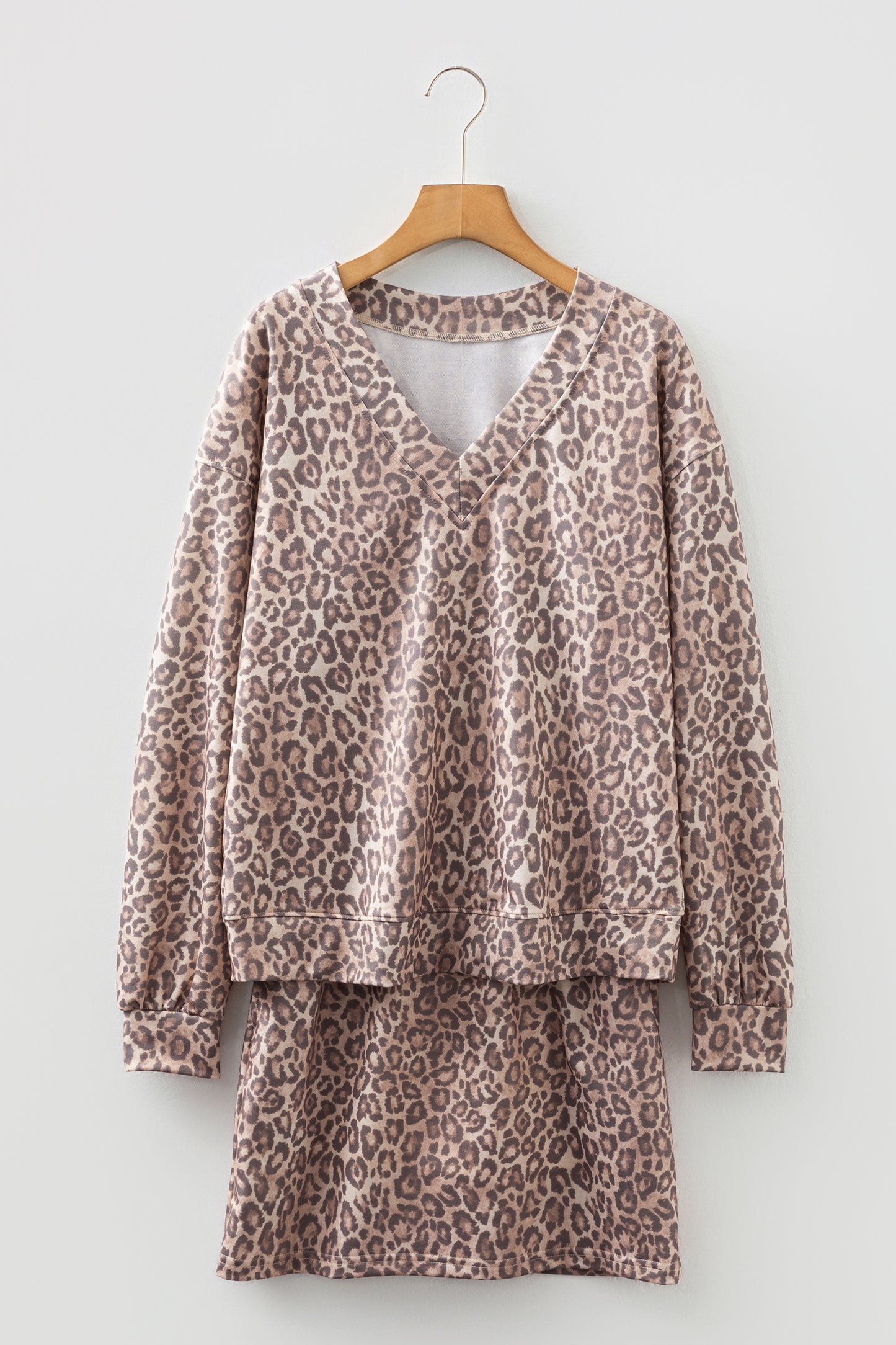 Light French Beige Leopard Print V Neck Pullover Mini Skirt 2pcs Set-Two Piece Sets/Two Piece Dresses-[Adult]-[Female]-2022 Online Blue Zone Planet