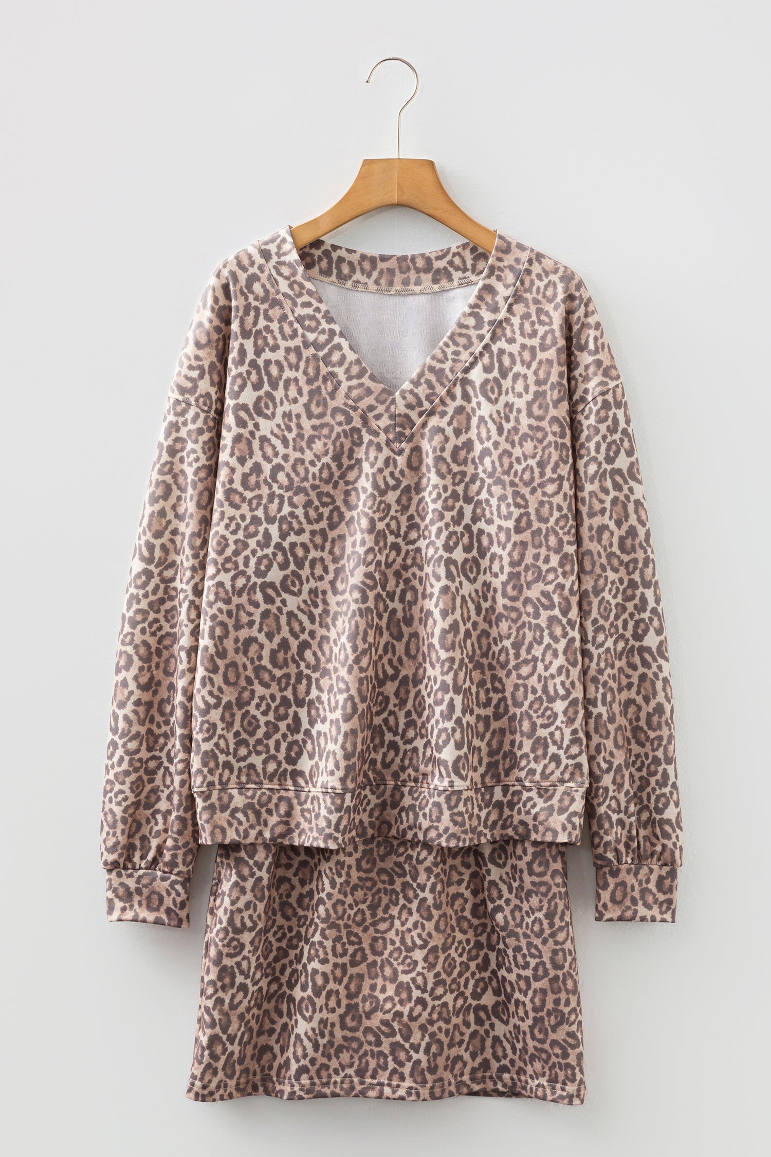 Light French Beige Leopard Print V Neck Pullover Mini Skirt 2pcs Set-Two Piece Sets/Two Piece Dresses-[Adult]-[Female]-2022 Online Blue Zone Planet