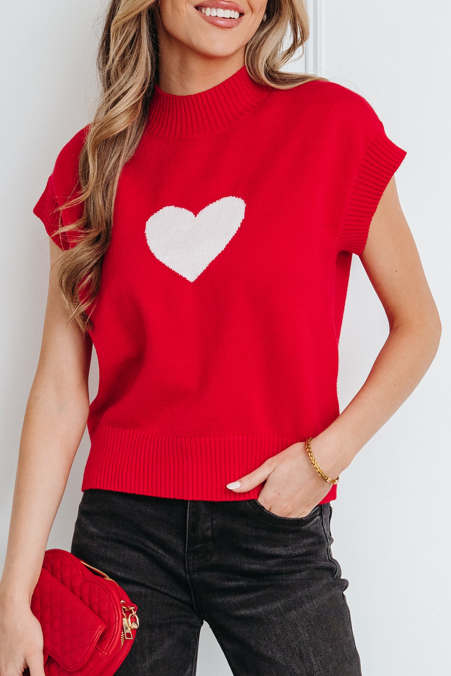 Fiery Red Valentine Heart Graphic Cropped Short Sleeve Sweater-TOPS / DRESSES-[Adult]-[Female]-2022 Online Blue Zone Planet