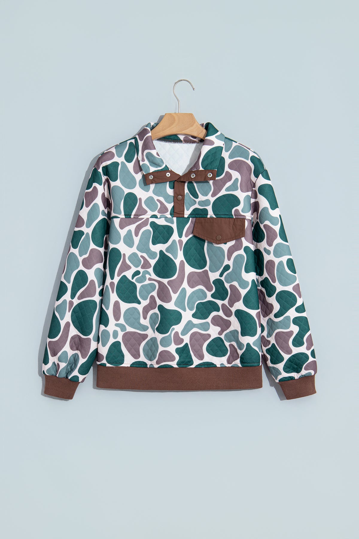Multicolour Retro Camouflage Pattern Color Block Detail Button Pullover Sweatshirt