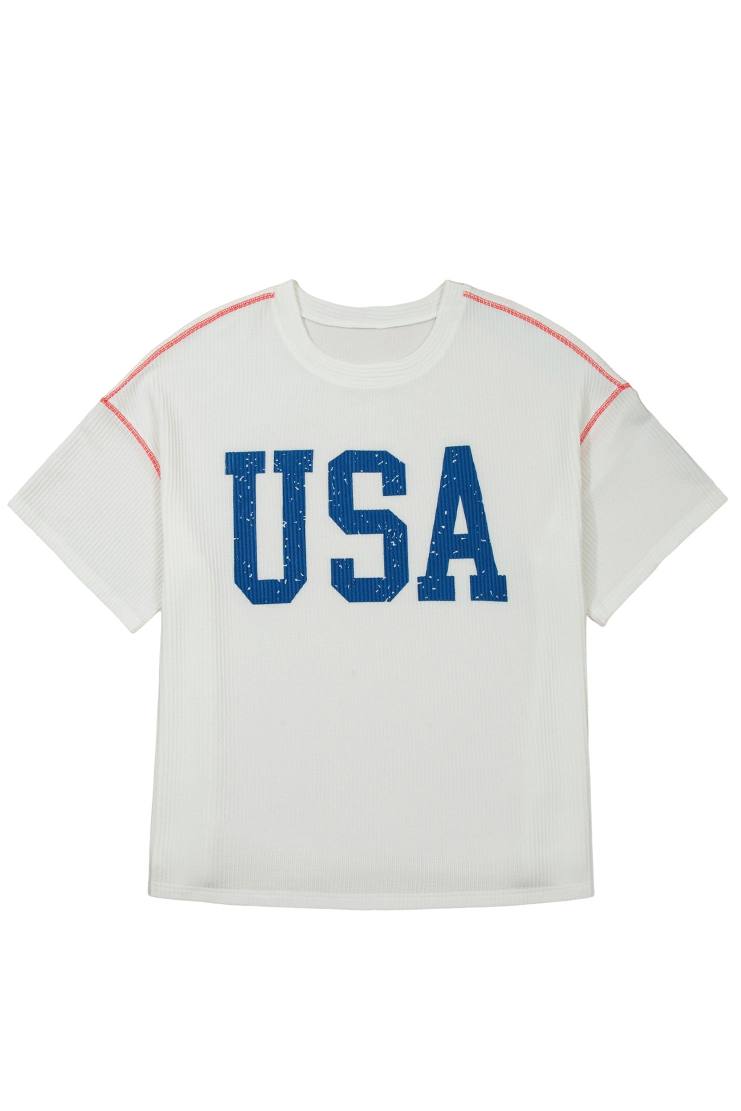 White Plus Size Twisted Rib Vintage Usa Letter Printed T Shirt-Plus Size/Plus Size Tops/Plus Size Tops & Tees-[Adult]-[Female]-2022 Online Blue Zone Planet