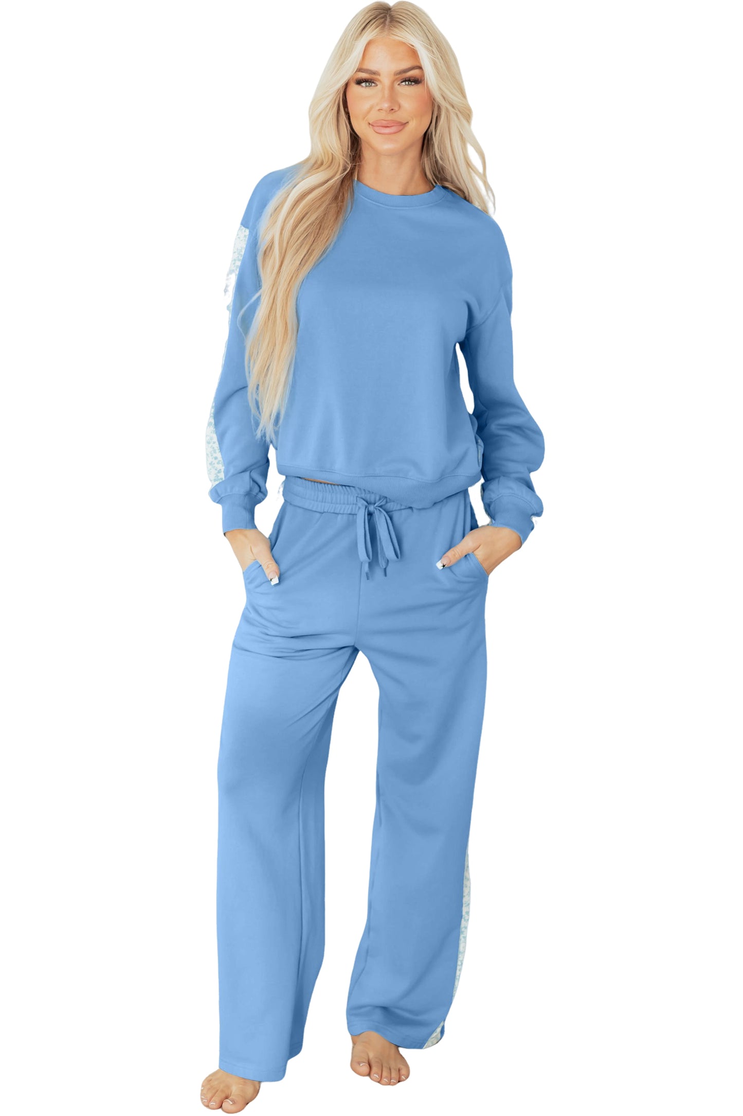 Beau Blue Floral Patchwork Drop Shoulder Pullover and Sweatpants Lounge Set-Loungewear & Sleepwear/Loungewear-[Adult]-[Female]-2022 Online Blue Zone Planet