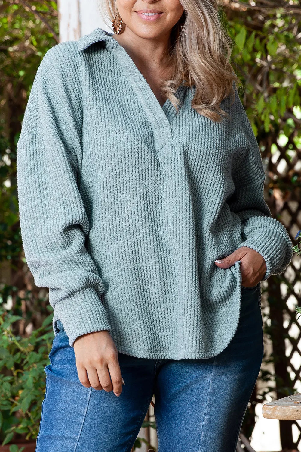 Plus Size Textured Johnny Collar Long Sleeve Sweatshirt-TOPS / DRESSES-[Adult]-[Female]-Air Force Blue-1XL-2022 Online Blue Zone Planet