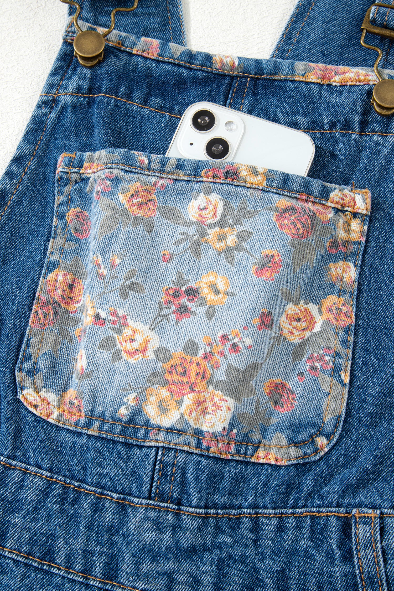 Peacock Blue Floral Patchwork Bib Denim Wide Leg Overalls-Bottoms/Jumpsuits & Rompers-[Adult]-[Female]-2022 Online Blue Zone Planet