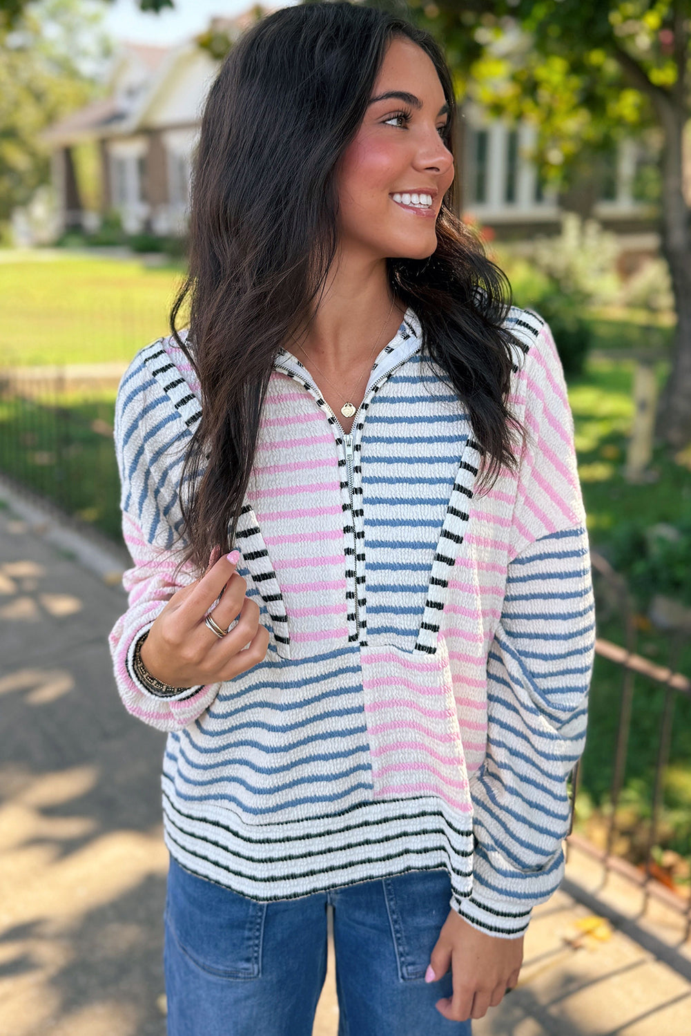 Multicolour Striped Color Block Patchwork Half Zip Drop Shoulder Long Sleeve Top-Tops/Long Sleeve Tops-[Adult]-[Female]-2022 Online Blue Zone Planet