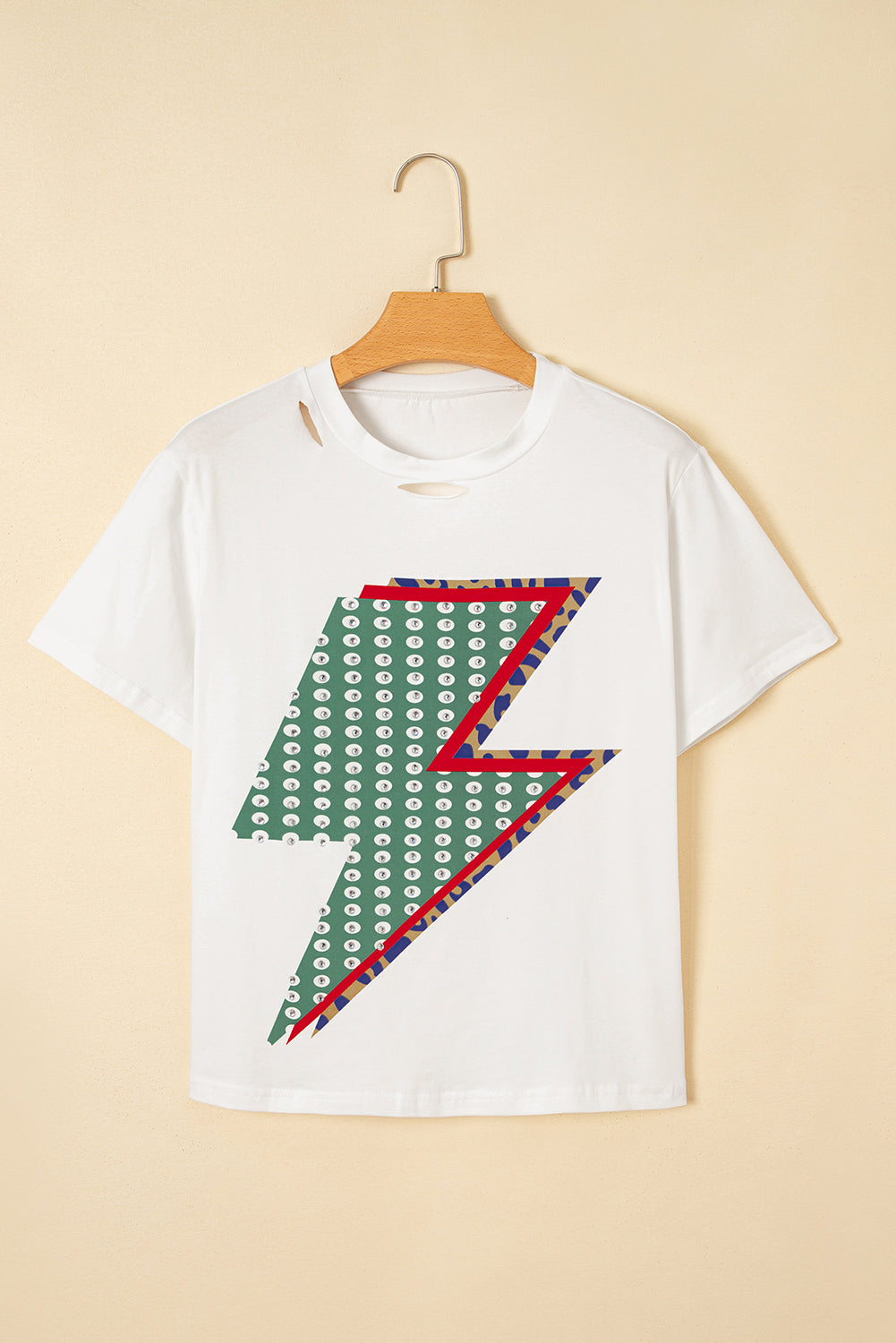 White Rhinestone Decor Bolt Graphic Ripped Western Tee-Graphic/Graphic Tees-[Adult]-[Female]-2022 Online Blue Zone Planet
