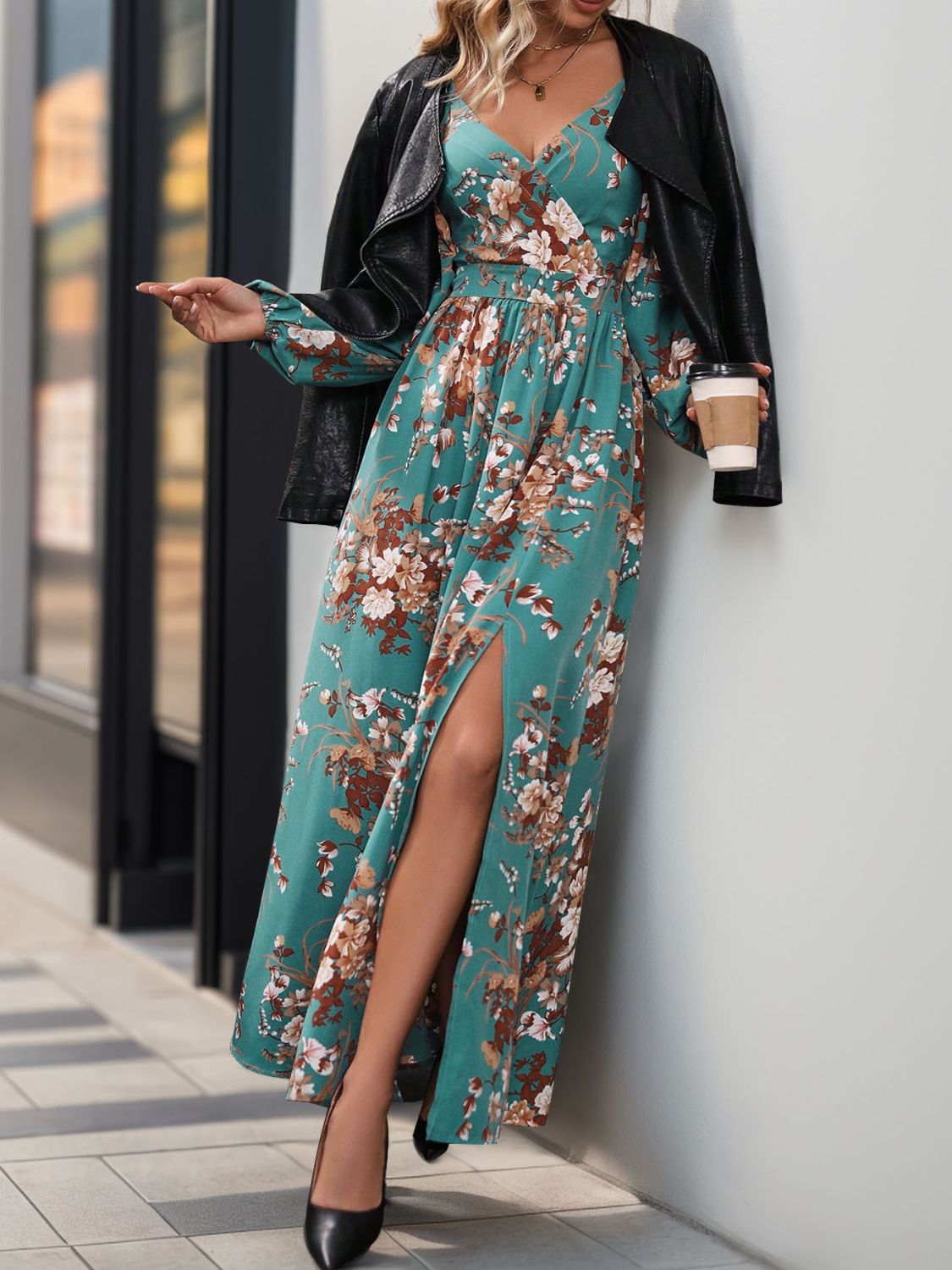 Slit Printed Surplice Long Sleeve Maxi Dress-TOPS / DRESSES-[Adult]-[Female]-2022 Online Blue Zone Planet