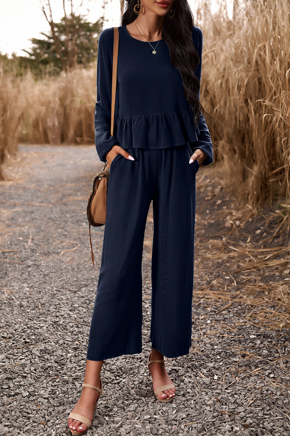 Devine Round Neck Peplum Top and Pants Set-TOPS / DRESSES-[Adult]-[Female]-Dark Navy-S-2022 Online Blue Zone Planet