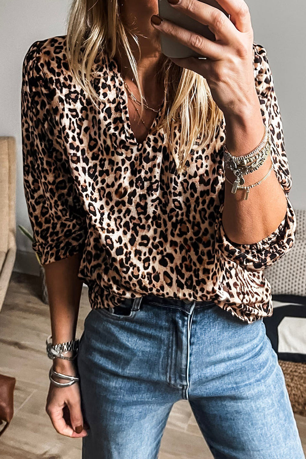 Apricot Leopard V Neck Half Sleeve Blouse-Tops/Blouses & Shirts-[Adult]-[Female]-Apricot-S-2022 Online Blue Zone Planet