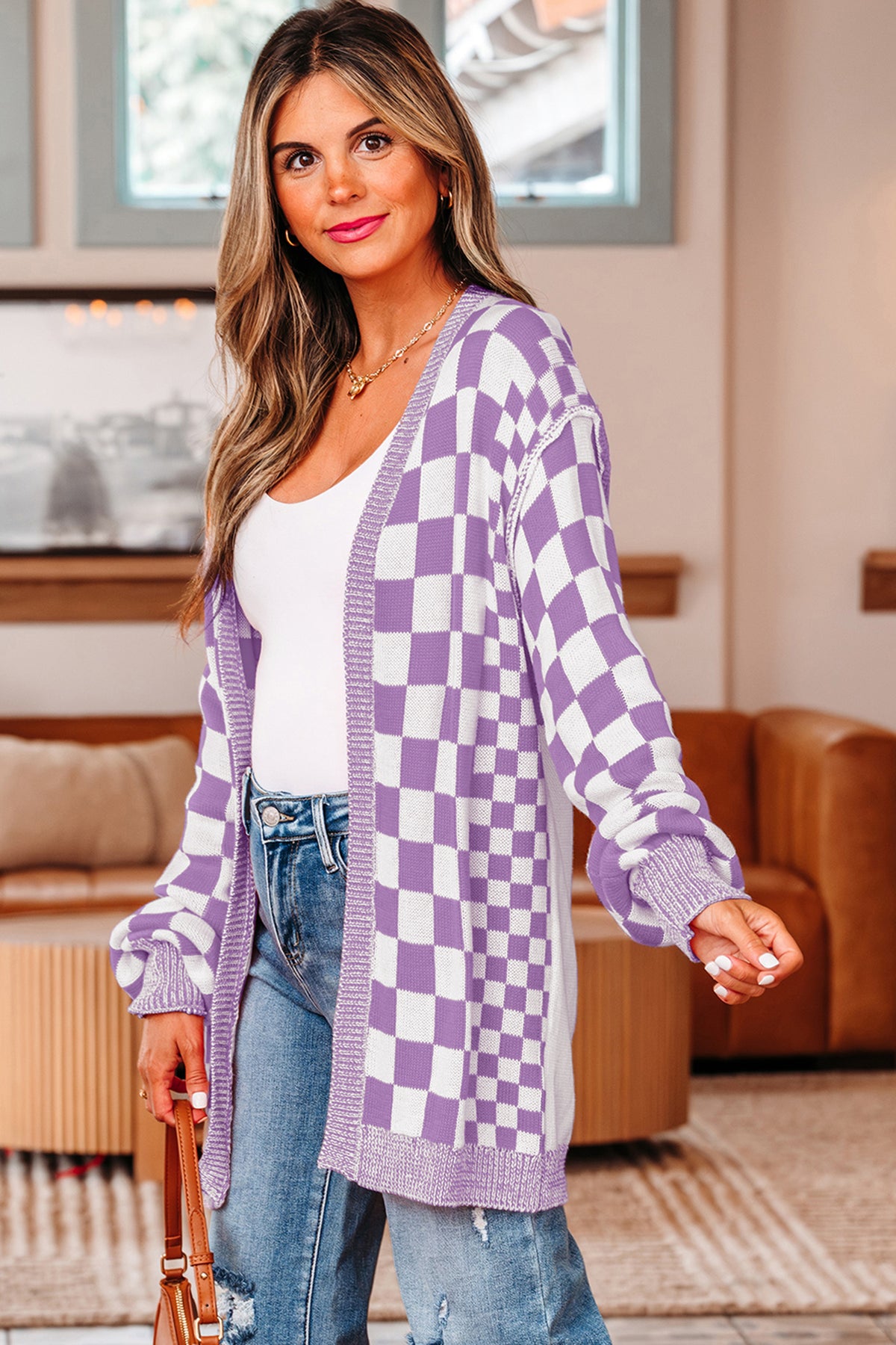 Purple Checkered Open Front Drop Shoulder Cardigan-Sweaters & Cardigans/Cardigans-[Adult]-[Female]-2022 Online Blue Zone Planet