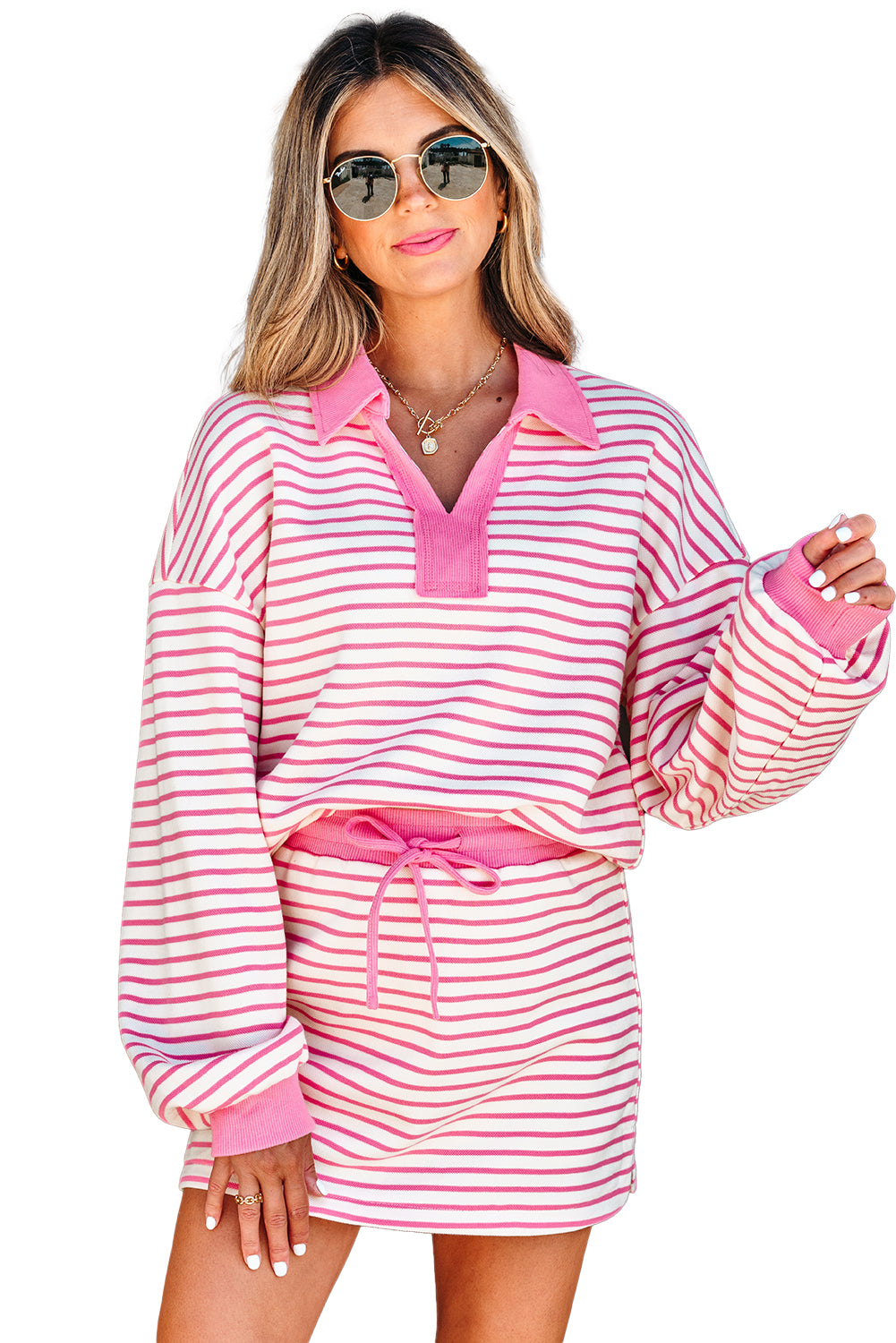 Pink Stripe Collared V Neck Drop Shoulder Pullover And Skort 2Pcs Outfit-Two Piece Sets/Two Piece Dresses-[Adult]-[Female]-2022 Online Blue Zone Planet