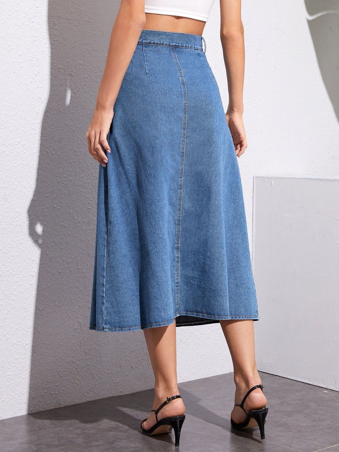 Buttoned Midi Denim Skirt with Pockets-BOTTOM SIZES SMALL MEDIUM LARGE-[Adult]-[Female]-2022 Online Blue Zone Planet