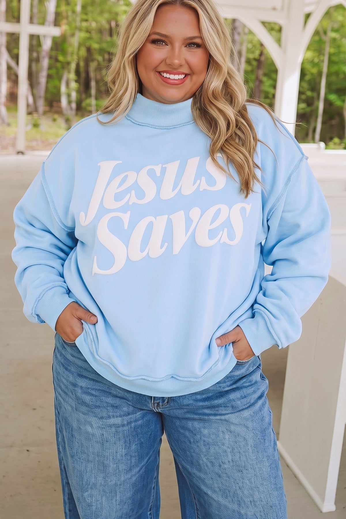 Mist Blue Plus Size Jesus Saves Slogan Print Mock Neck Sweatshirt-Plus Size/Plus Size Sweatshirts & Hoodies-[Adult]-[Female]-2022 Online Blue Zone Planet
