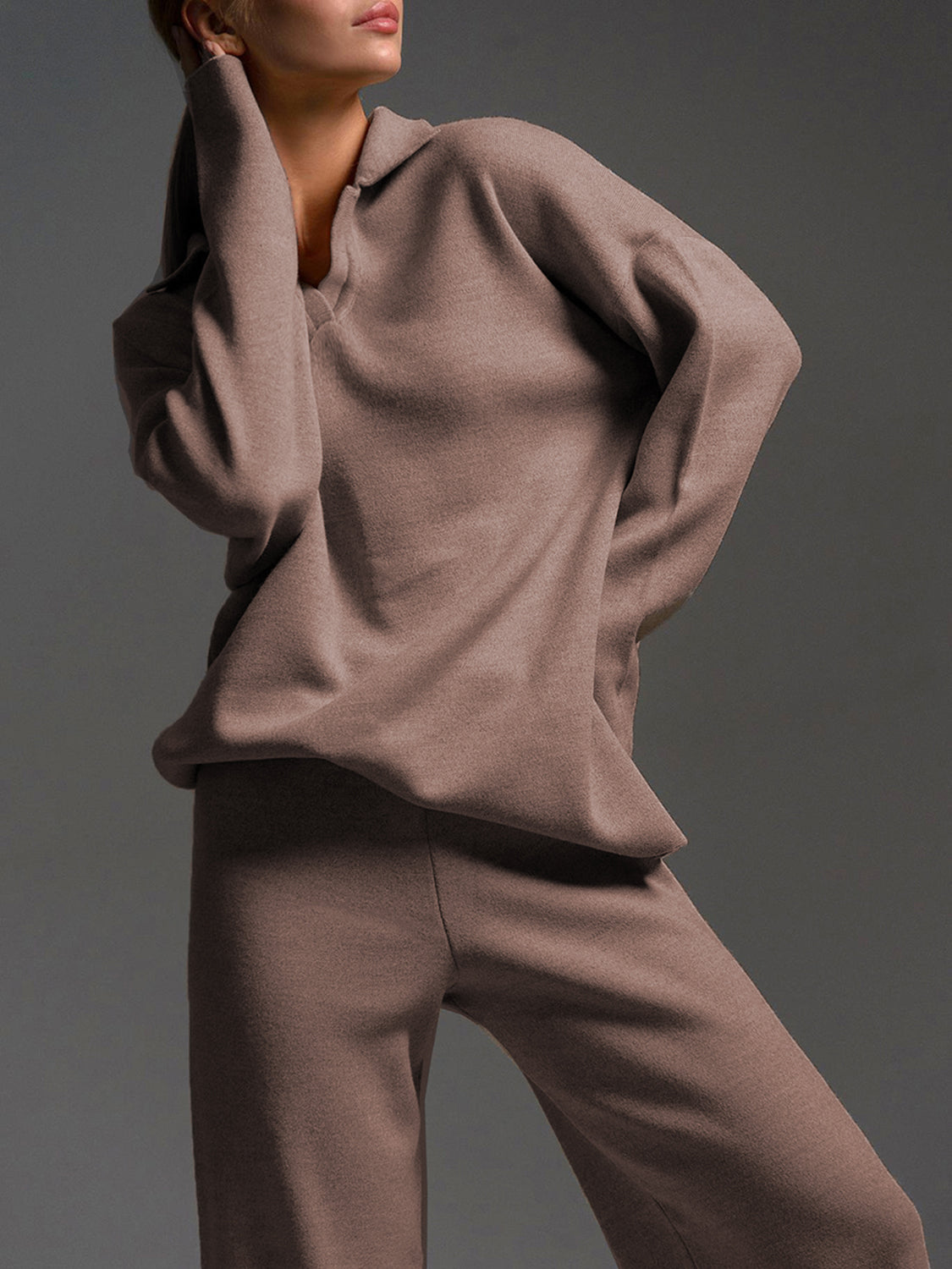 Johnny Collar Long Sleeve Top and Pants Sweater Set-TOPS / DRESSES-[Adult]-[Female]-Taupe-One Size-2022 Online Blue Zone Planet