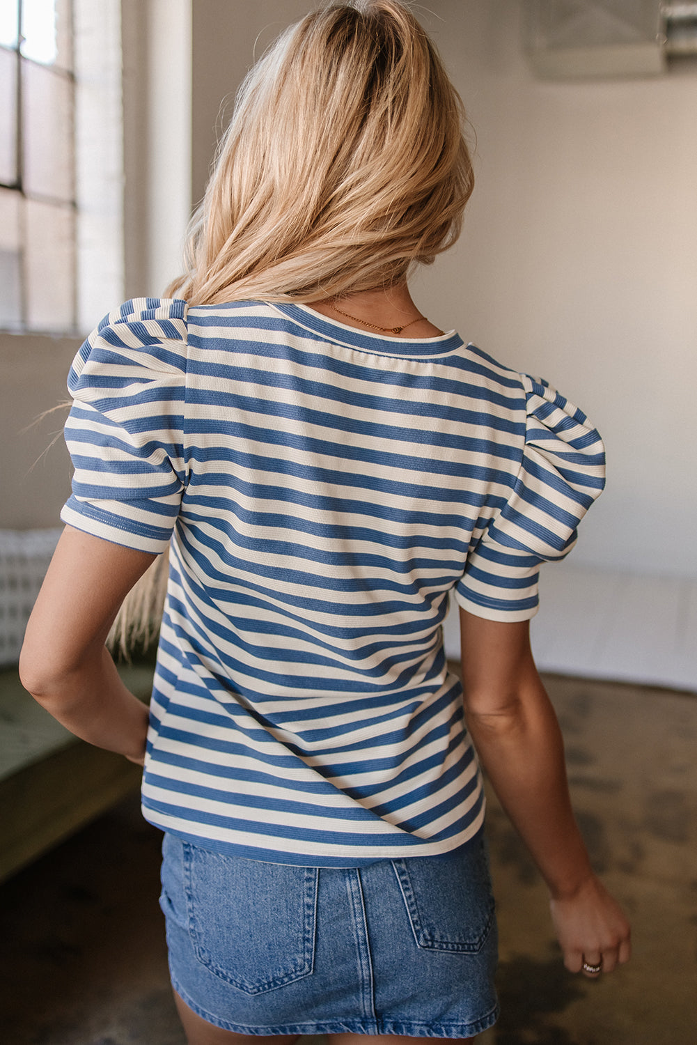 Blue Stripe America Cursive Graphic Puff Sleeve T-shirt-Tops/Tops & Tees-[Adult]-[Female]-2022 Online Blue Zone Planet