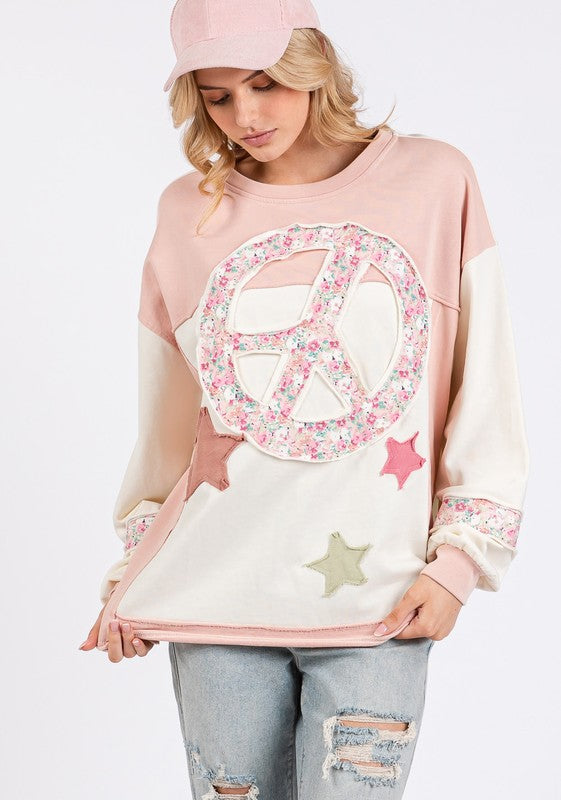 SAGE + FIG Peace & Star Patch Contrast Round Neck Sweatshirt-TOPS / DRESSES-[Adult]-[Female]-Blush Pink-S-2022 Online Blue Zone Planet