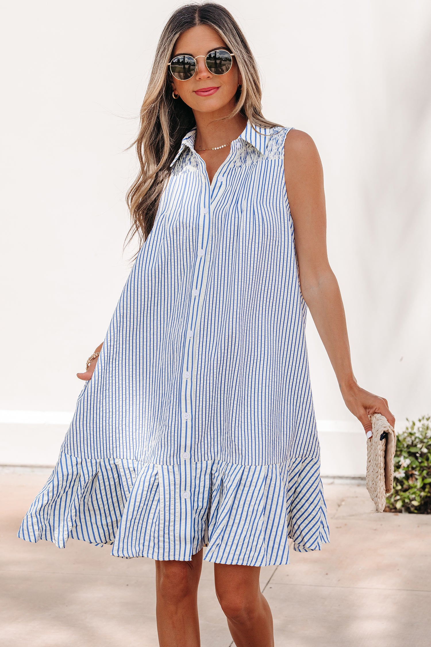 Sky Blue Stripe Shirt Collar Shirred Detail Ruffle Hem Sleeveless Dress-TOPS / DRESSES-[Adult]-[Female]-2022 Online Blue Zone Planet