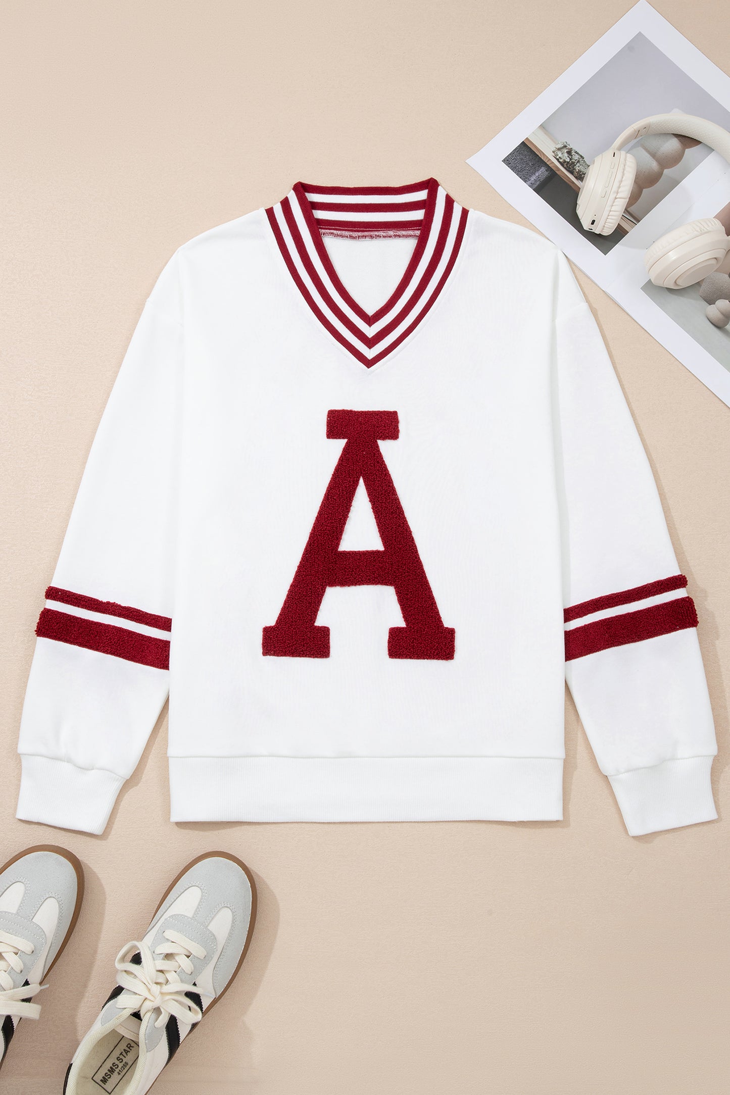 Red Dahlia Chenille Letter A Graphic Varsity Striped V Neck Puff Sleeve Sweatshirt-Tops/Sweatshirts & Hoodies-[Adult]-[Female]-2022 Online Blue Zone Planet