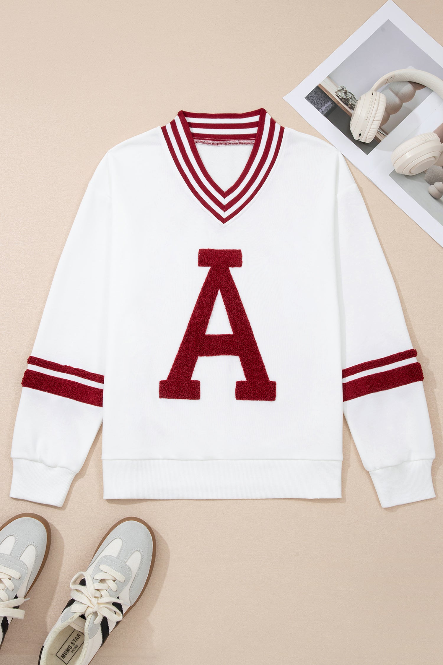 Red Dahlia Chenille Letter A Graphic Varsity Striped V Neck Puff Sleeve Sweatshirt-Tops/Sweatshirts & Hoodies-[Adult]-[Female]-2022 Online Blue Zone Planet