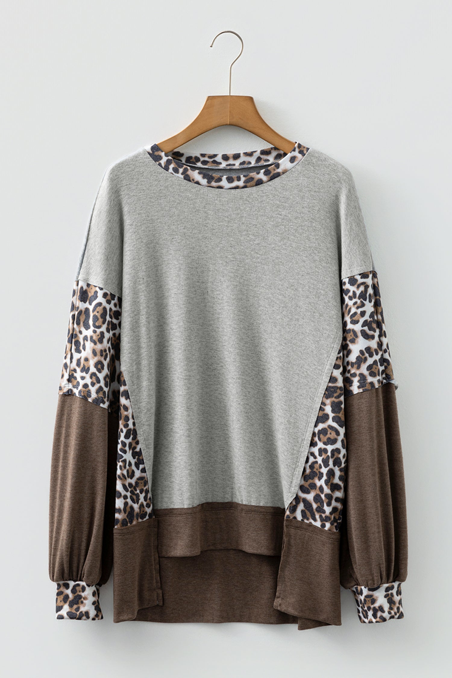 Gray Color Block Leopard Patchwork Dolman Sleeve High Low Baggy Sweatshirt-Tops/Sweatshirts & Hoodies-[Adult]-[Female]-2022 Online Blue Zone Planet