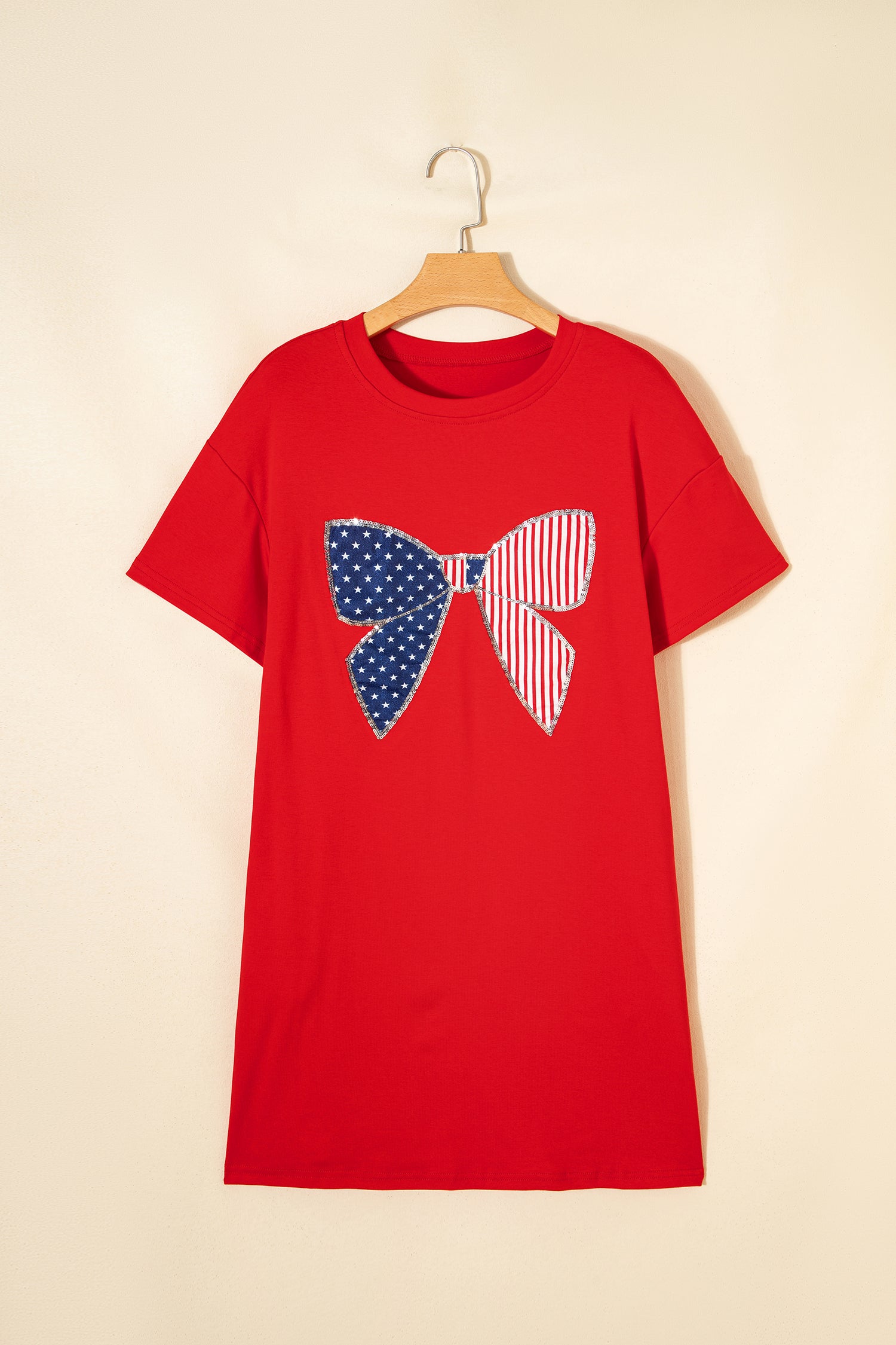 Fiery Red Sequin Trim Stars and Stripes Bow Patched T Shirt Mini Dress-TOPS / DRESSES-[Adult]-[Female]-2022 Online Blue Zone Planet
