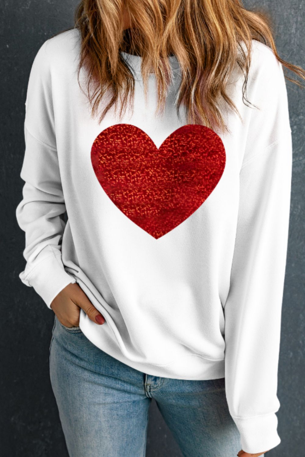 Valentine’s Day Heart Round Neck Long Sleeve Sweatshirt-TOPS / DRESSES-[Adult]-[Female]-2022 Online Blue Zone Planet