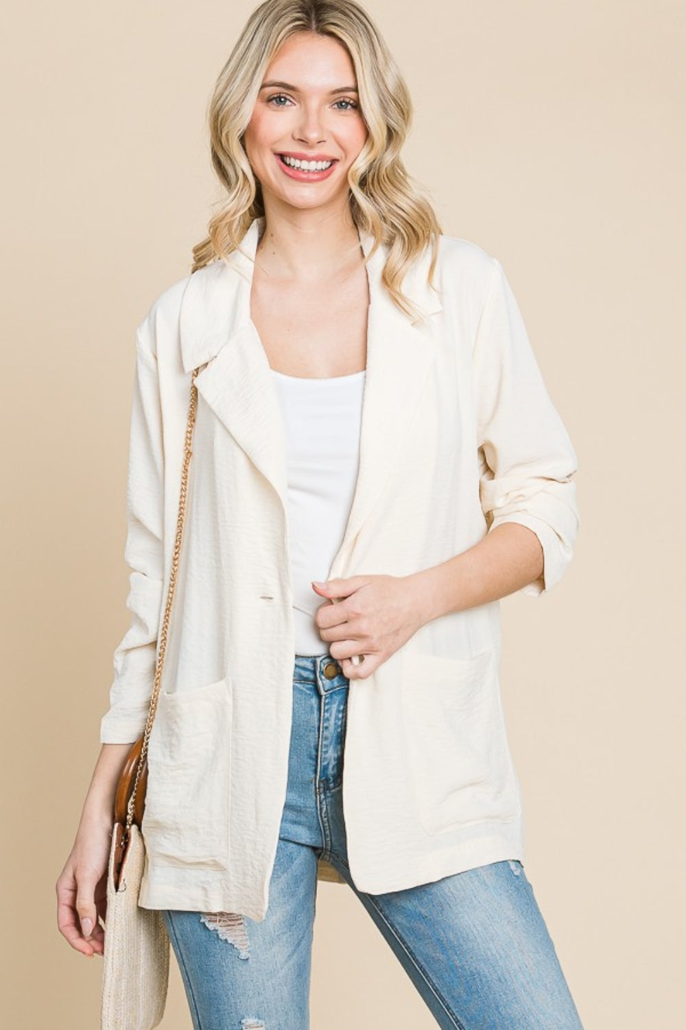 Culture Code One Button Long Sleeve Blazer with Pockets-TOPS / DRESSES-[Adult]-[Female]-New Ivory-S-2022 Online Blue Zone Planet